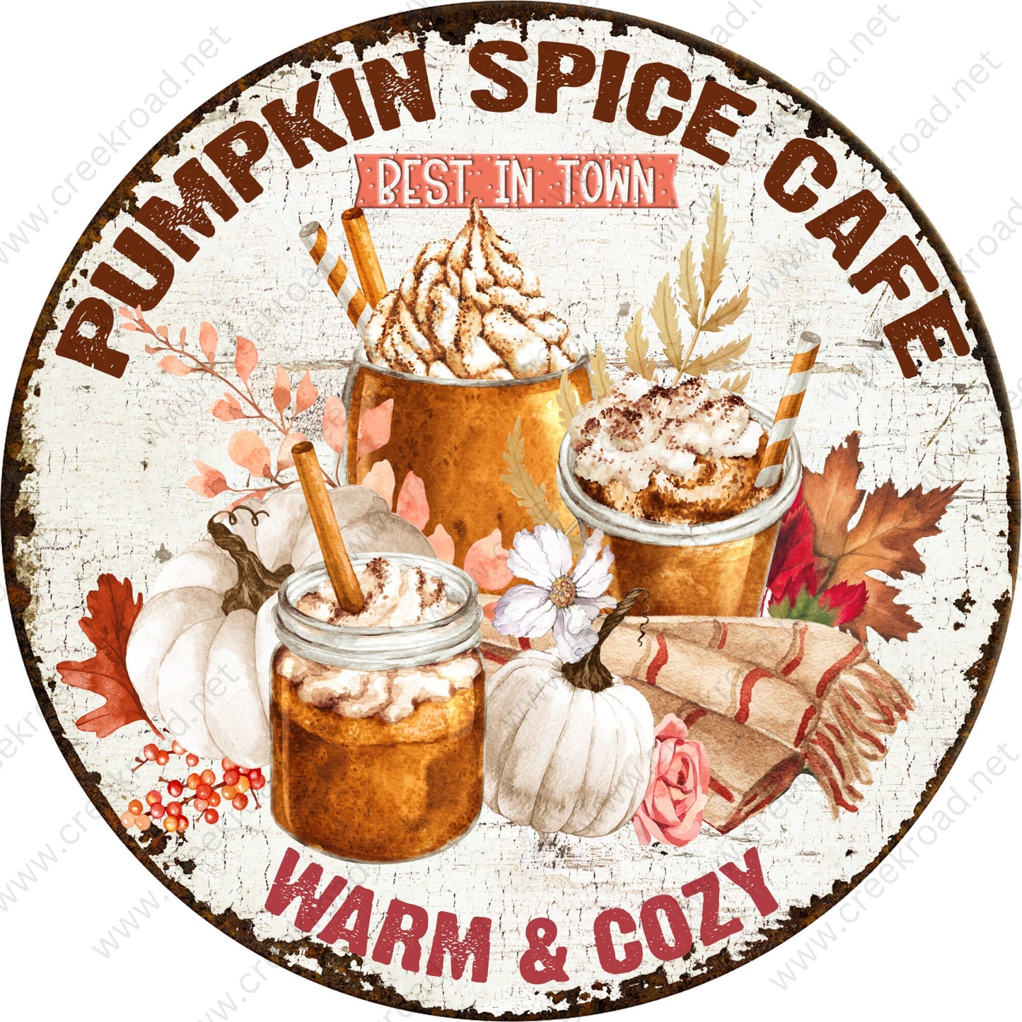 Pumpkin Spice Cafe Warm & Cozy Distressed Faux Rusted Border Wreath Sign-Sublimation-Round-Fall-Decor