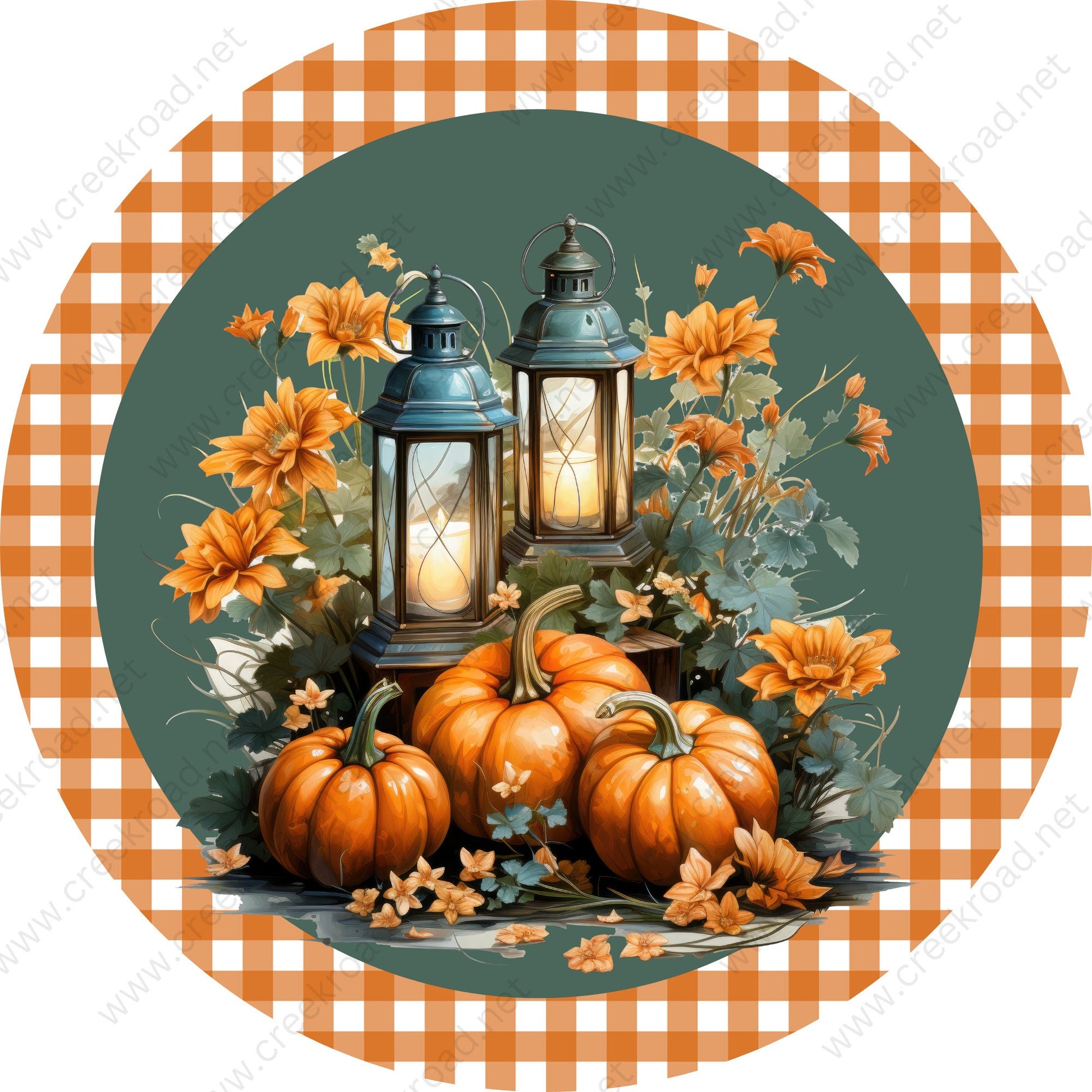 Fall Pumpkins Lanterns Florals Wreath Sign-Sublimation-Round-Fall-Decor