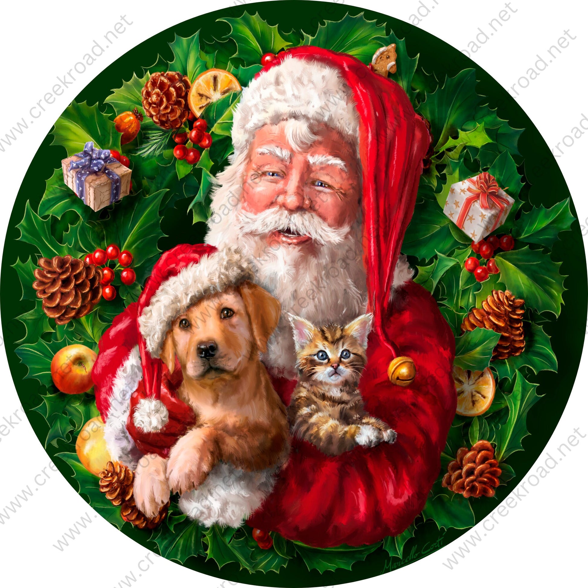 Santa Claus Holding Dog Cat Holly Wreath Wreath Sign-Sublimation-Round-Christmas-Decor