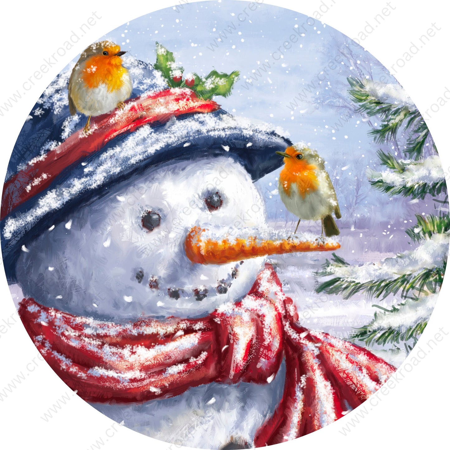 Snowman Red Scarf & Carrot Nose Snowing Birds Wreath Sign-Sublimation-Round-Christmas-Decor