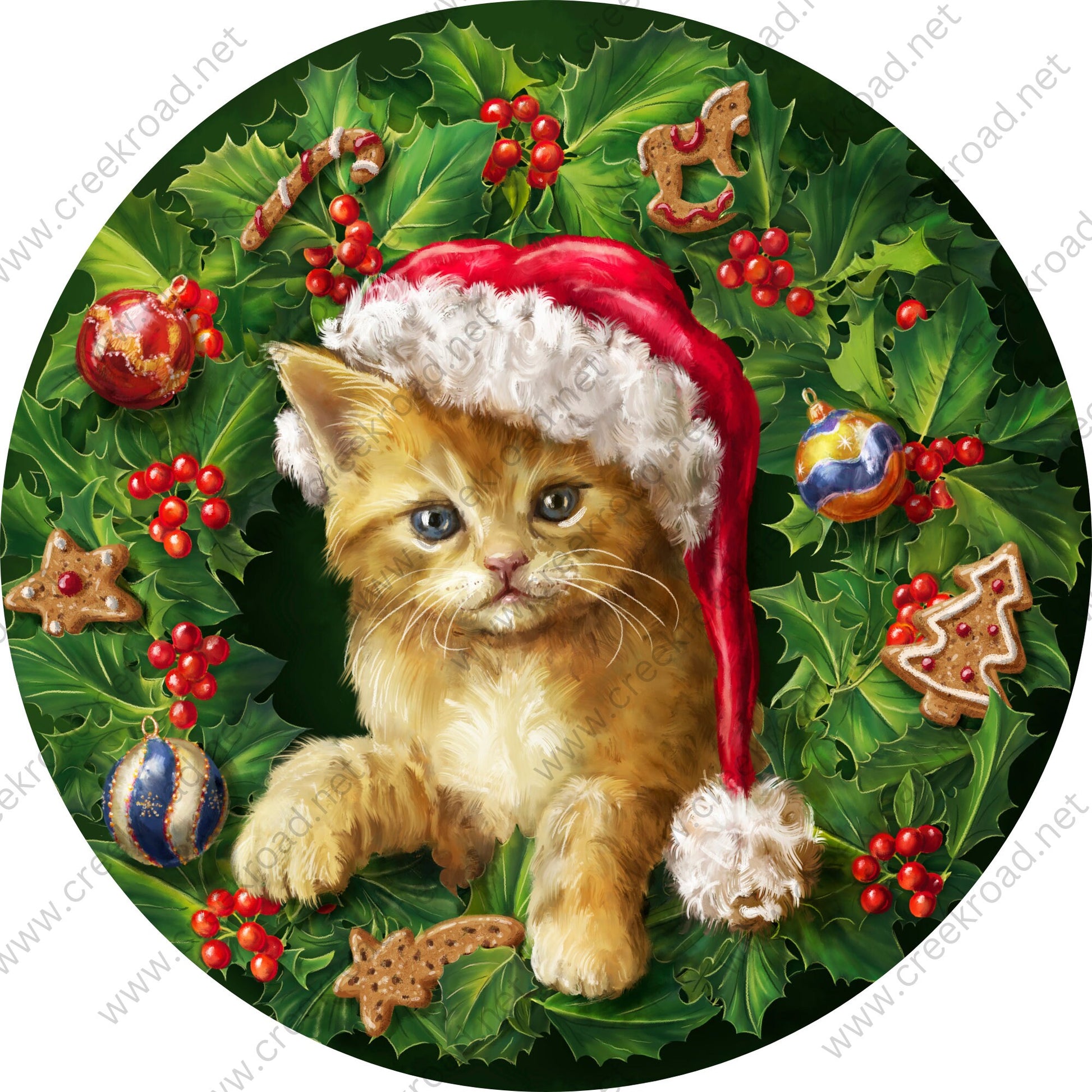 Christmas Kitten in Sant Hat Wreath Wreath Sign-Sublimation-Round-Christmas-Decor