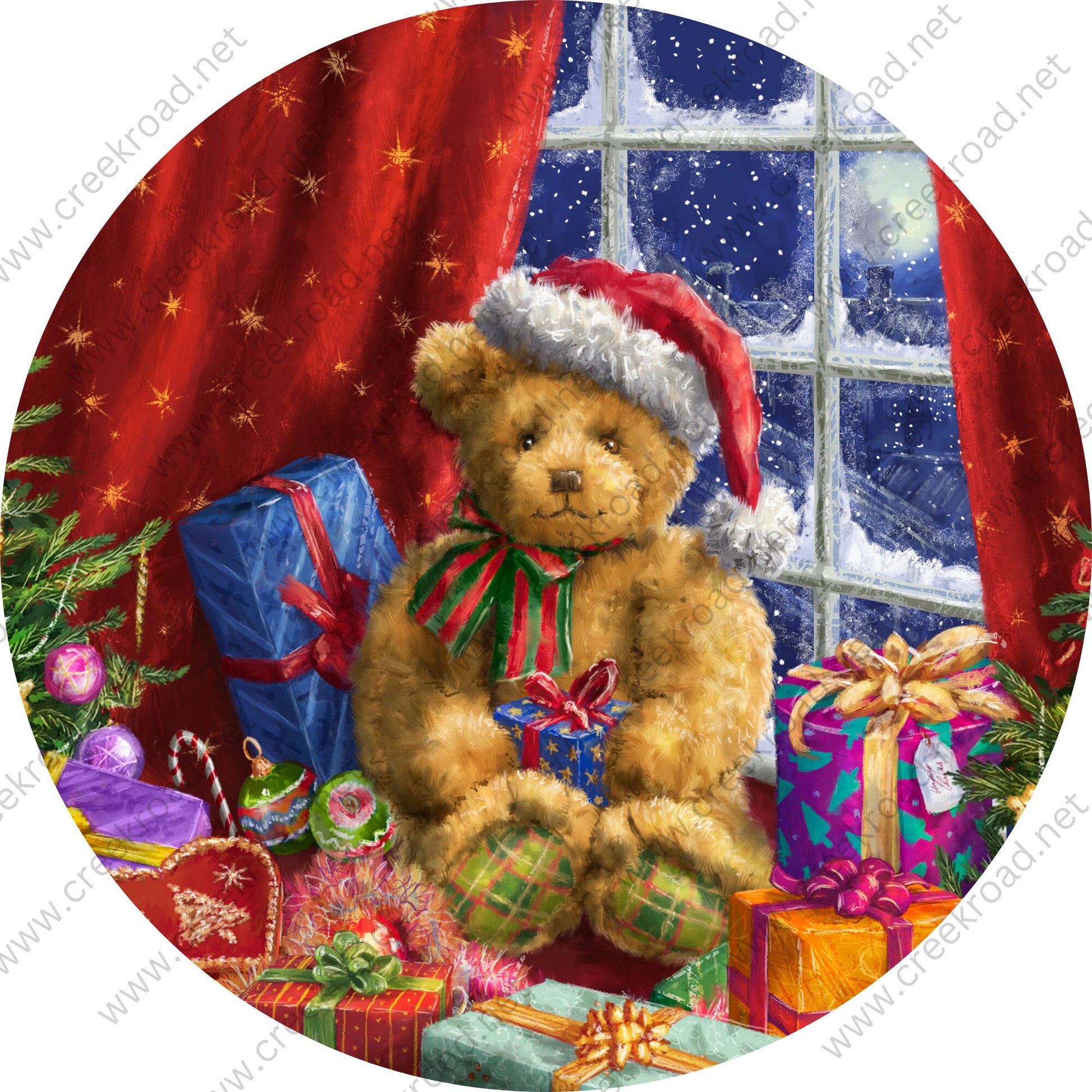 Christmas Toy Bear Sitting Among Presents Wreath Wreath Sign-Sublimation-Round-Christmas-Decor