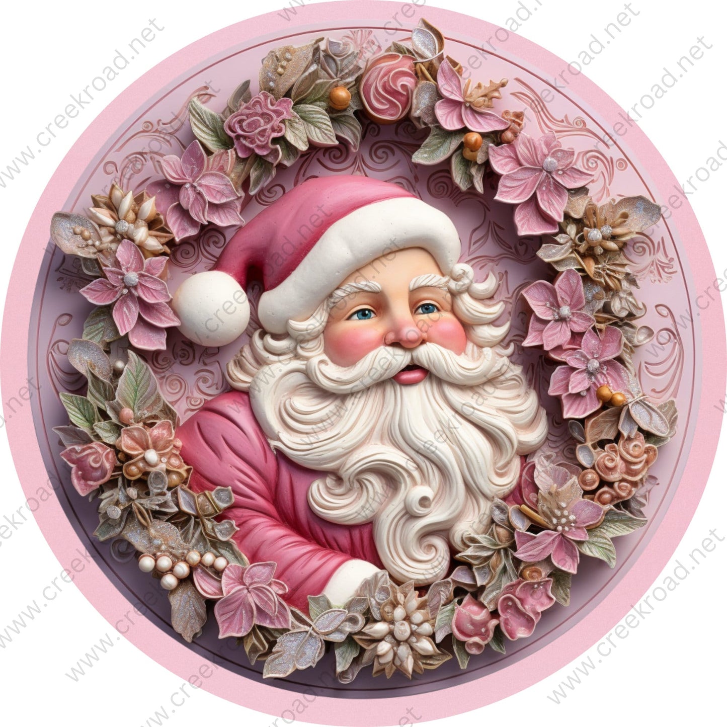 Pink Santa Claus Floral Border Wreath Sign-Sublimation-Round-Christmas-Decor