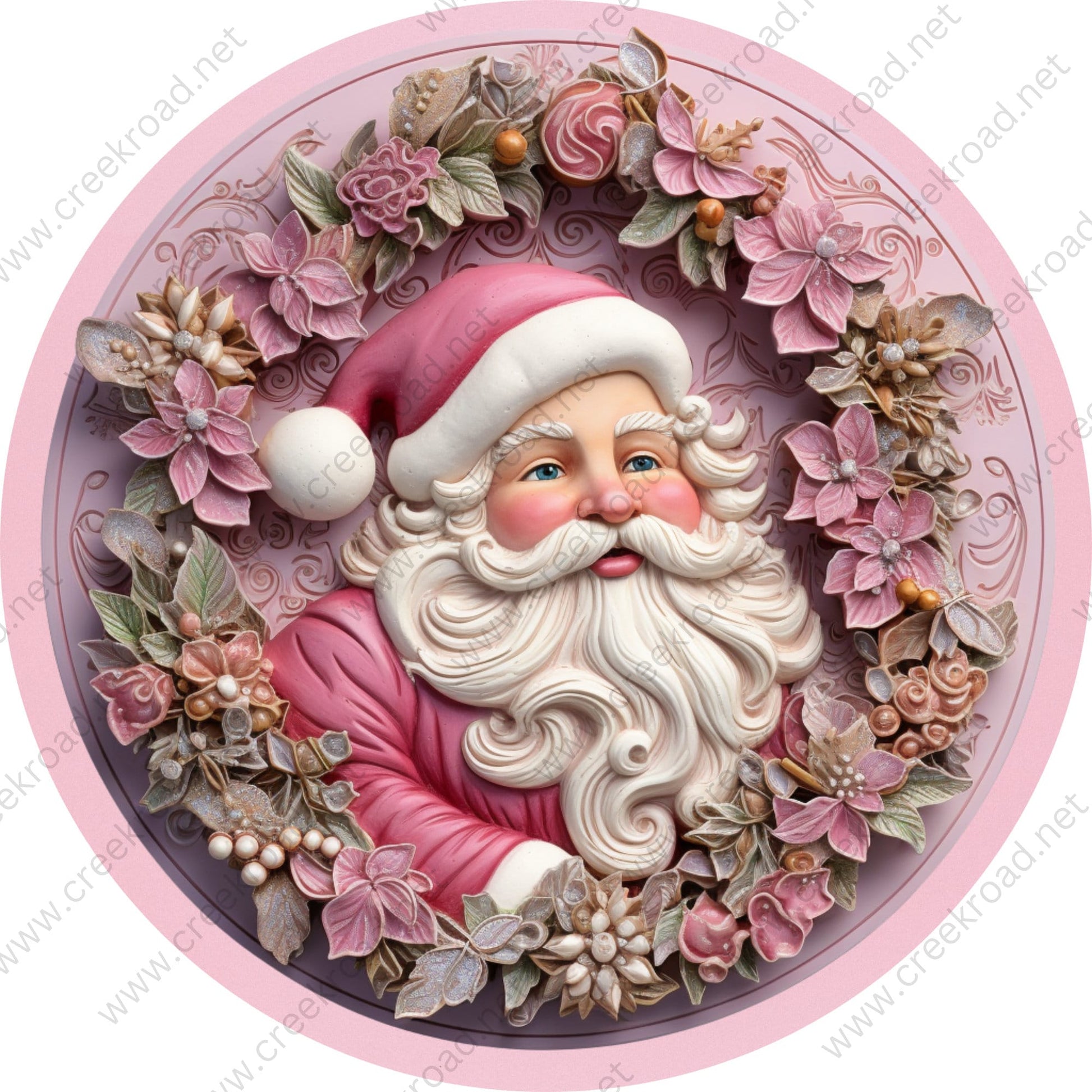 Pink Santa Claus Floral Border Wreath Sign-Sublimation-Round-Christmas-Decor