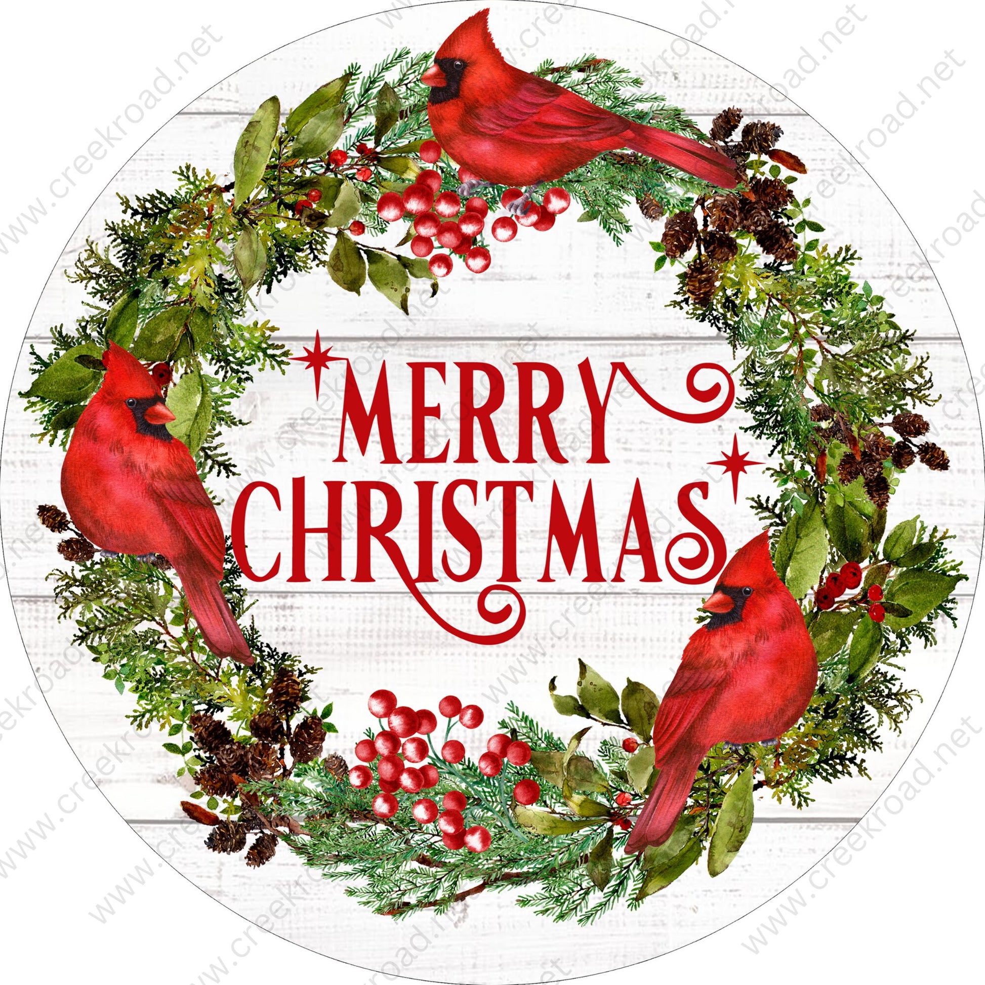 Merry Christmas Cardinal Evergreen Wreath Sign-Sublimation-Round-Christmas-Decor