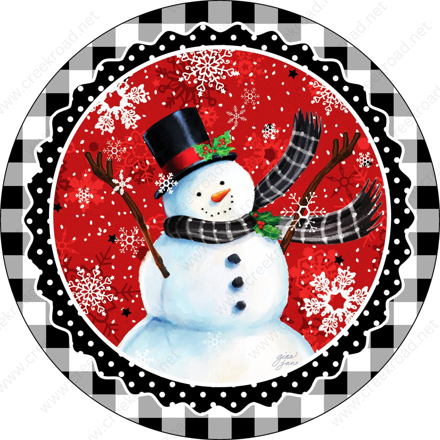 Christmas Snowman Snowflakes Black White Gingham Border Wreath Sign-Sublimation-Round-Christmas-Decor