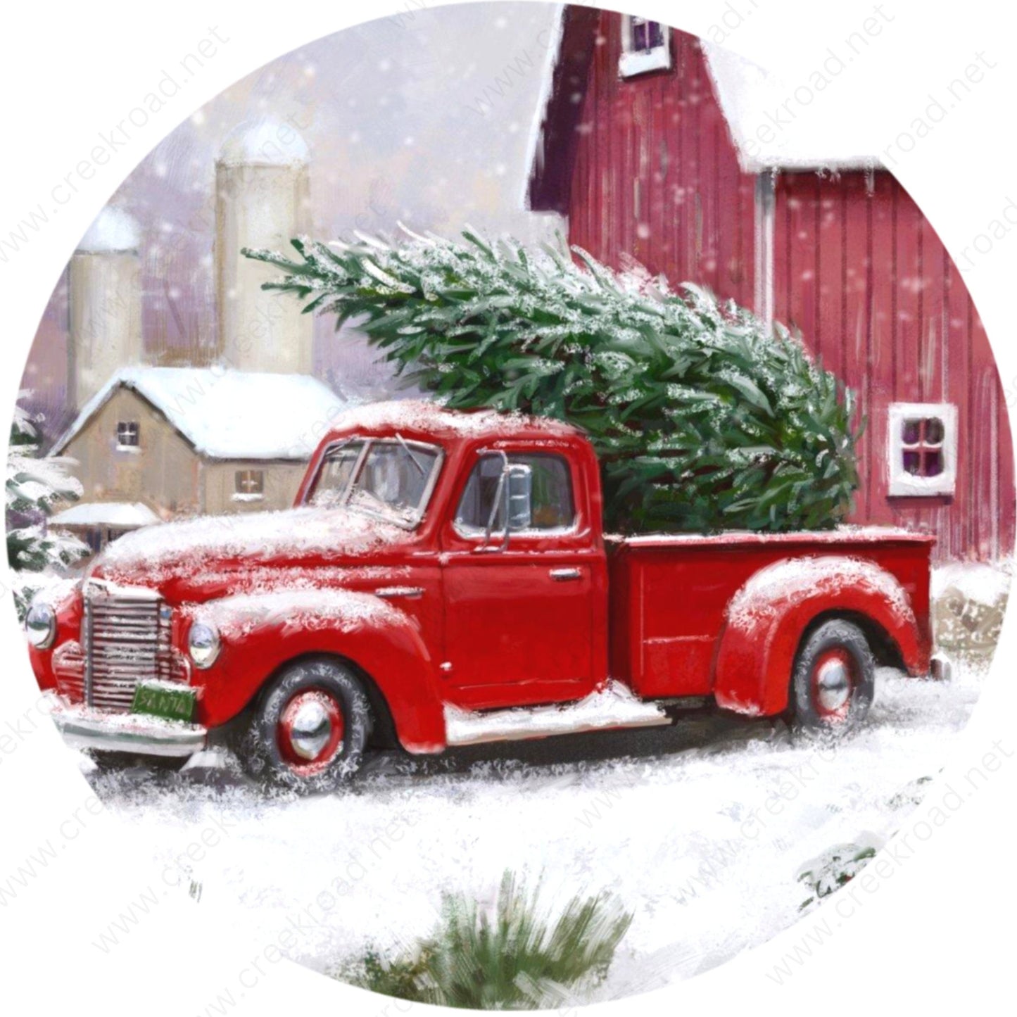 Red Farm Truck Christmas Tree Barn Wreath Sign-Sublimation-Round-Christmas-Decor