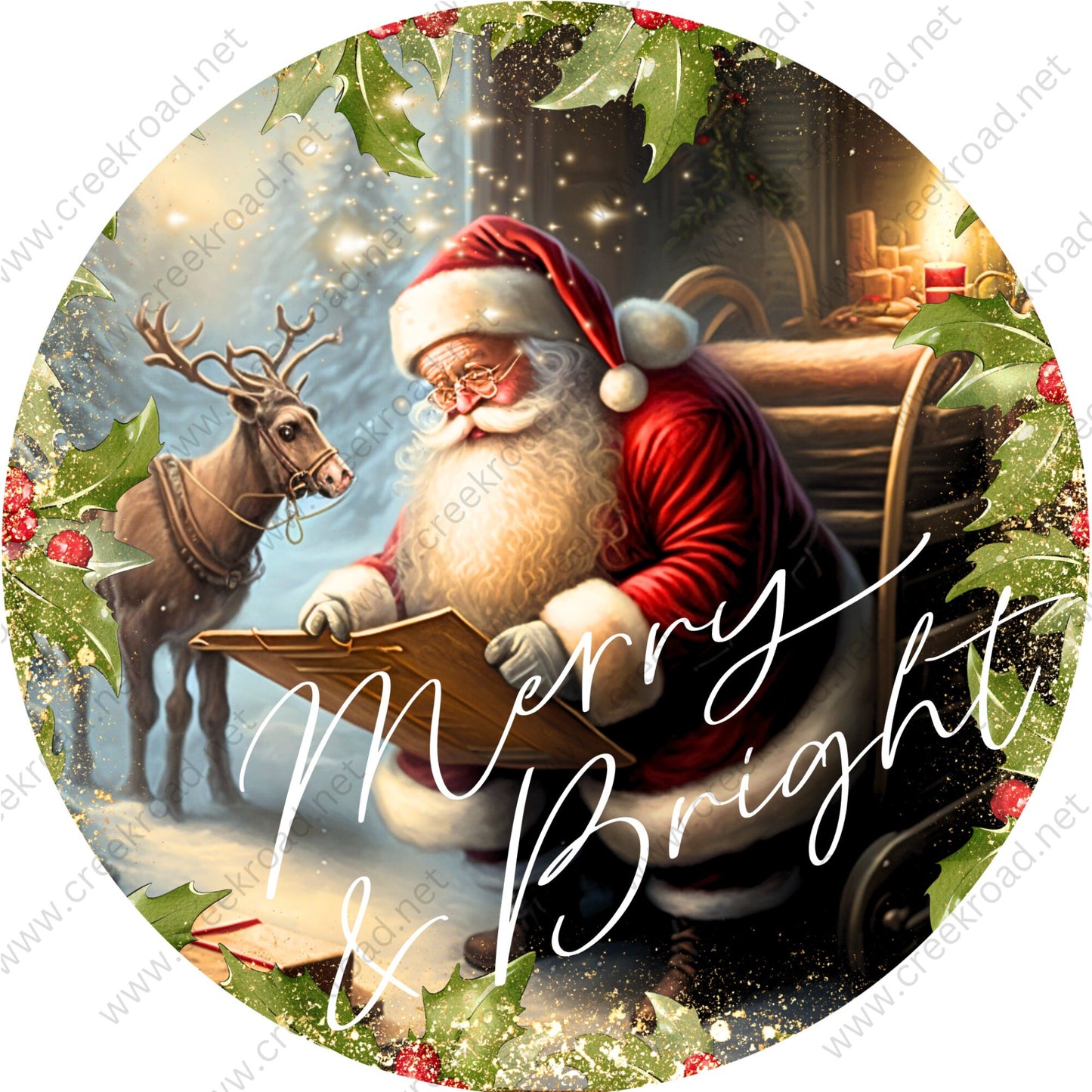 Santa Claus Checking His List Reindeer With Holly Wreath Sign-Sublimation-Round-Christmas-Decor