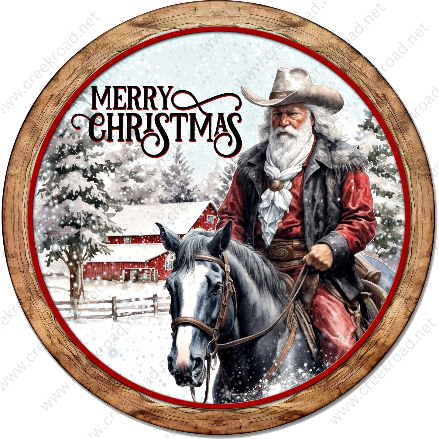 Merry Christmas Cowboy Santa on Horseback Wreath Sign-Sublimation-Round-Christmas-Decor