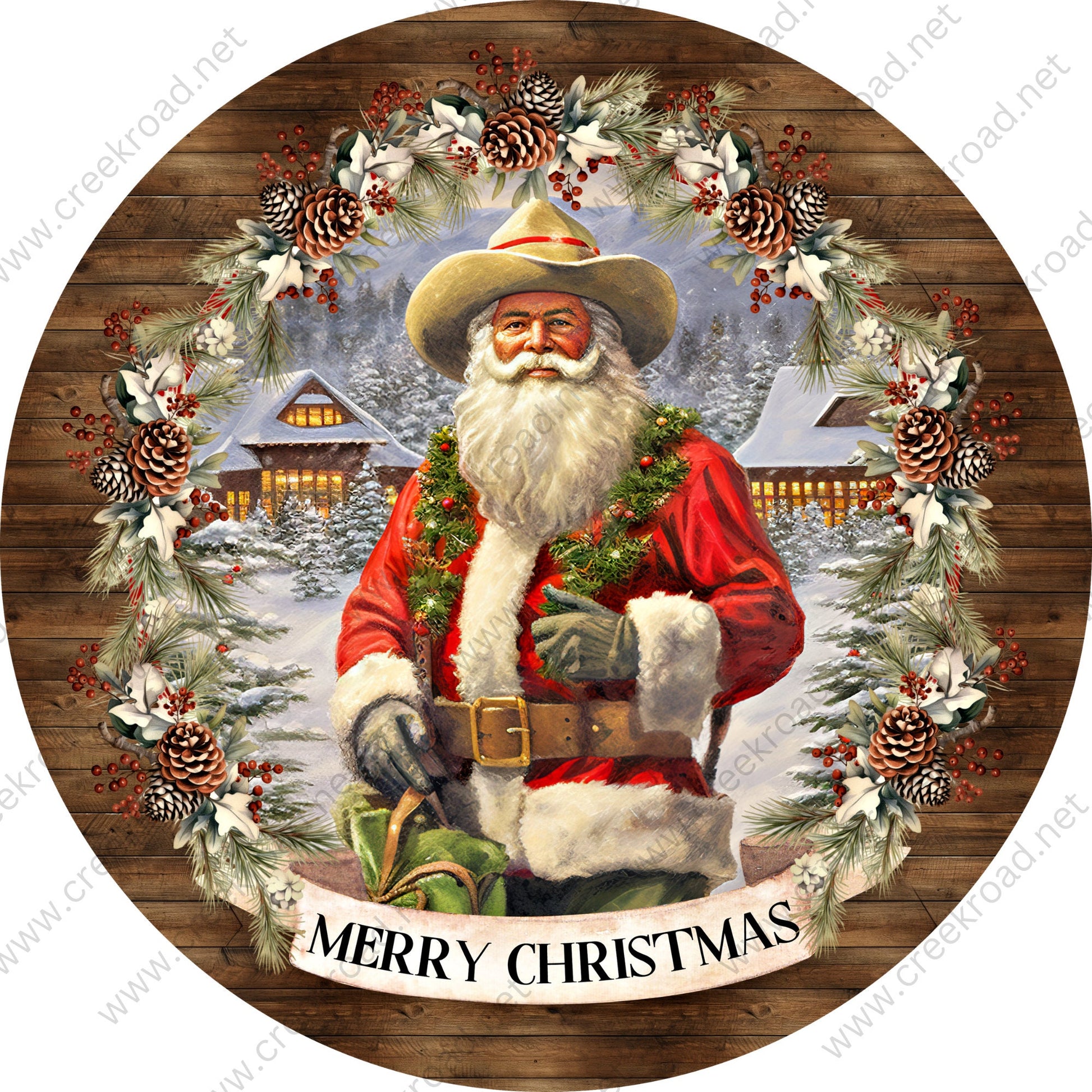 Merry Christmas Cowboy Santa Claus Wreath Sign-Sublimation-Round-Christmas-Decor