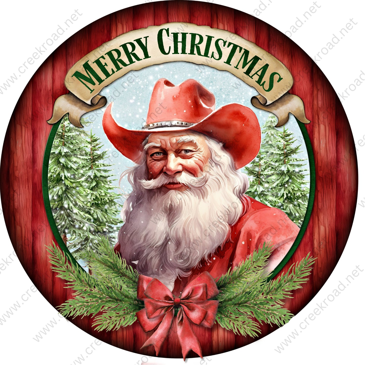 Merry Christmas Cowboy Santa Claus Red Bow Wreath Sign-Sublimation-Round-Christmas-Decor