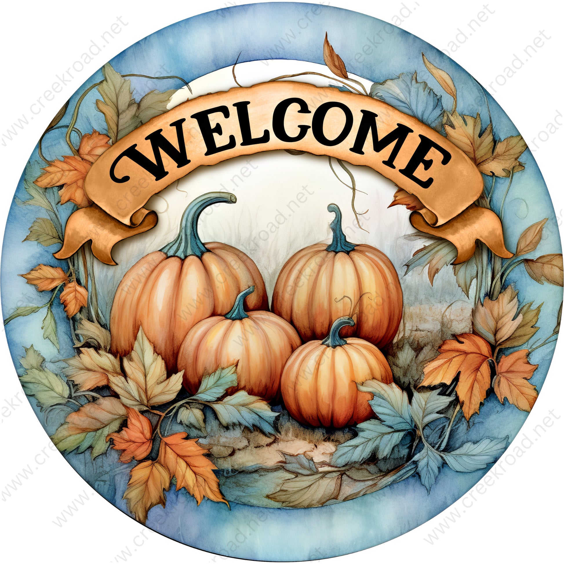 Welcome Fall Pumpkins Blue Background Wreath Sign-Sublimation-Round-Christmas-Decor