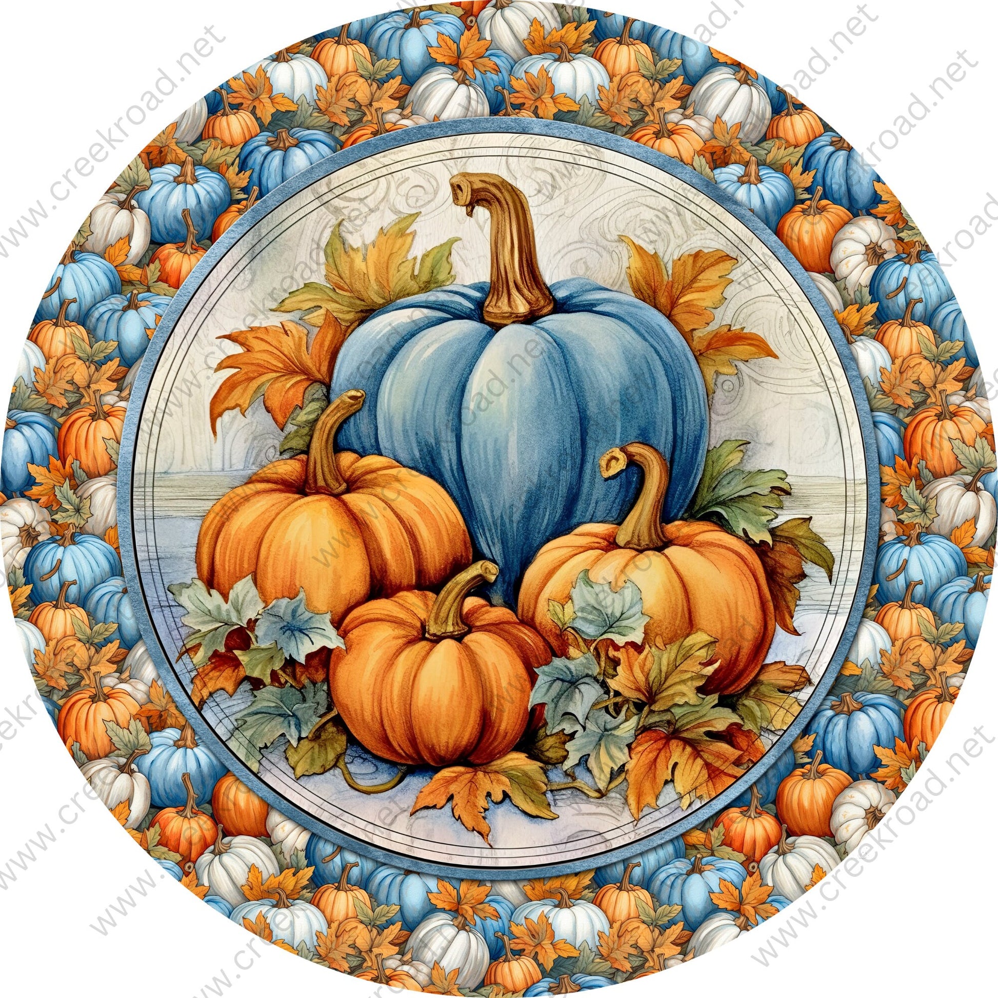 Fall Pumpkins Blue Background with Pumpkin Border Wreath Sign-Sublimation-Round-Fall-Autumn-Decor