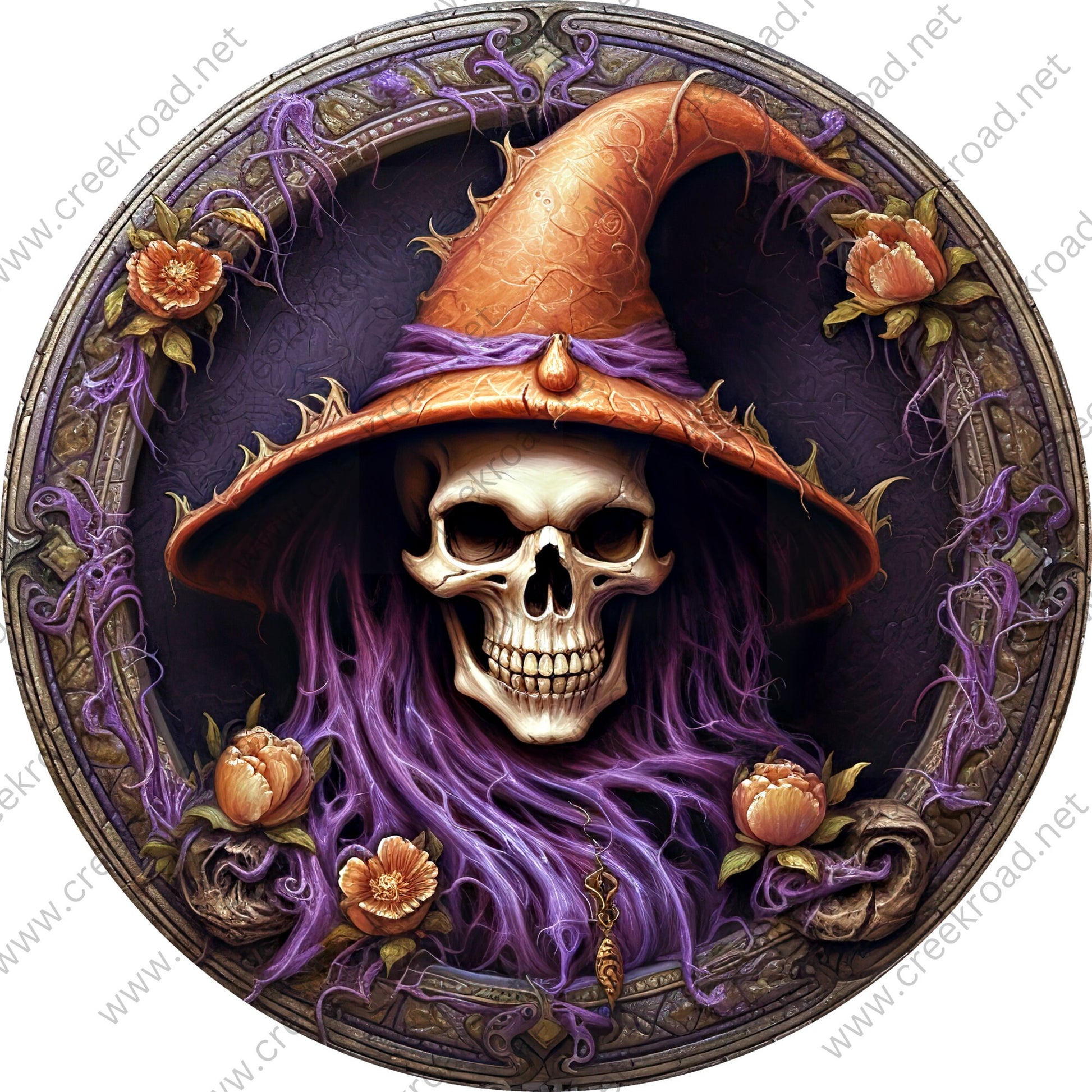 Skeleton Witch Orange Hat Purple Hair Ornate Frame Wreath Sign-Halloween-Sublimation-Decor-Creek Road Designs