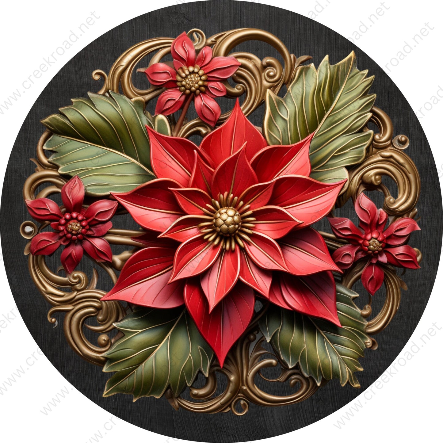 Poinsettia Red Green Wreath Sign-Sublimation-Round-Chistmas-Winter-Decor