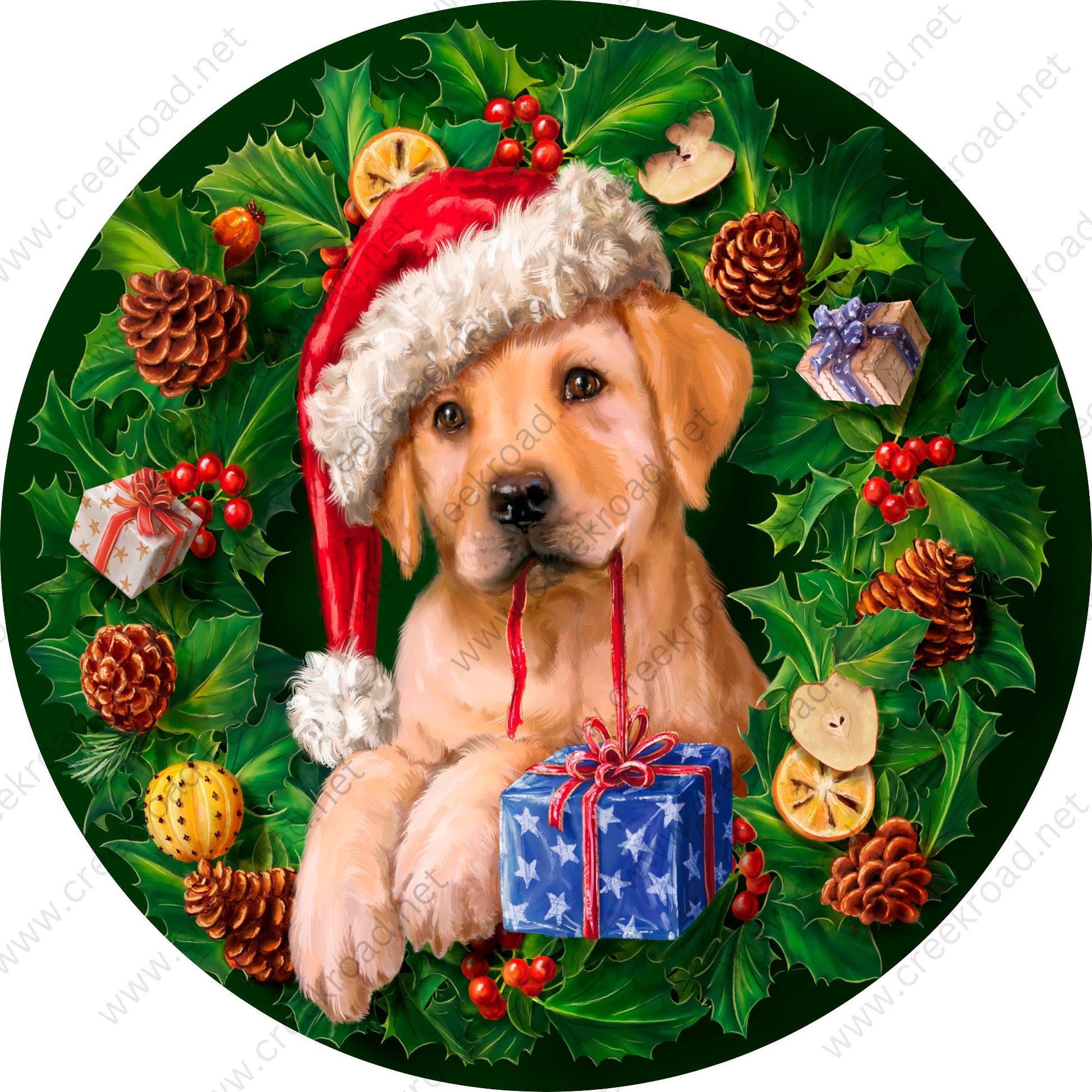 Christmas Dog with Present in Wreath-Sublimation-Round-Chistmas-Winter-Decor