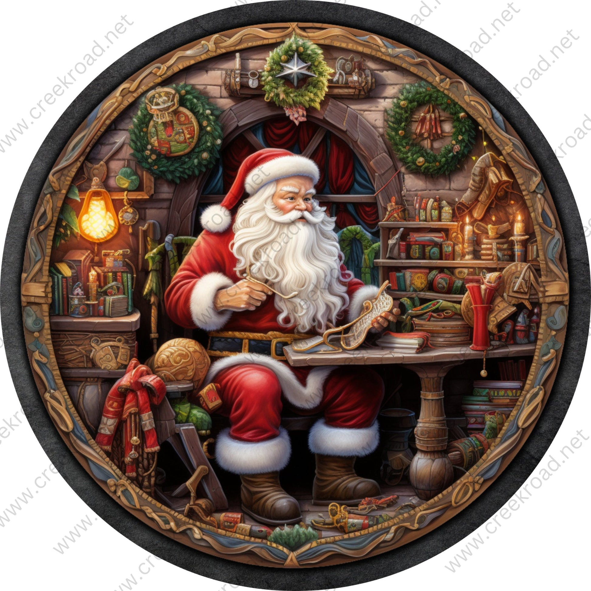 Santa Claus Working in Workshop Wreath Sign-Sublimation-Round-Chistmas-Winter-Decor