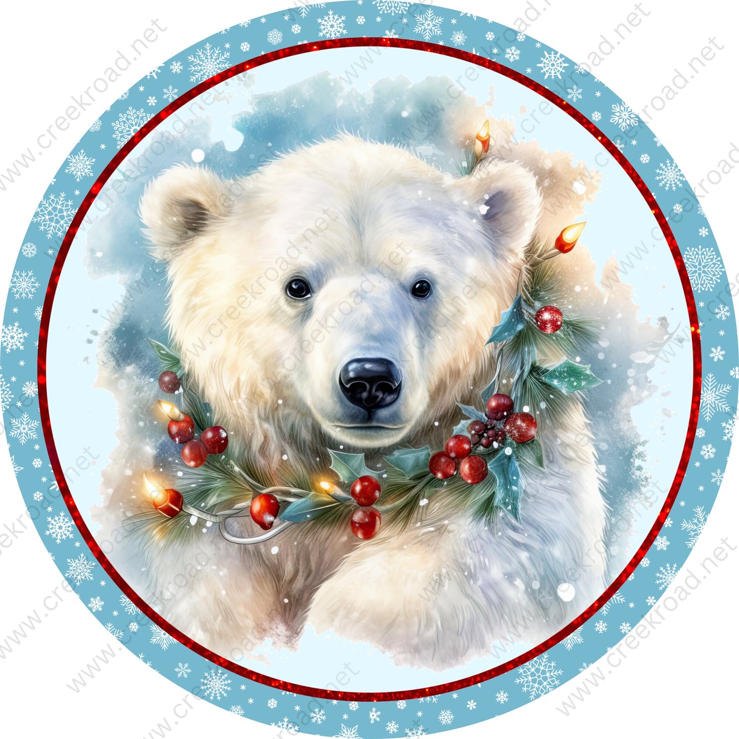 Christmas Polar Bear Blue Snowflake Red Glitter Border Wreath Sign-Sublimation-Round-Christmas-Decor