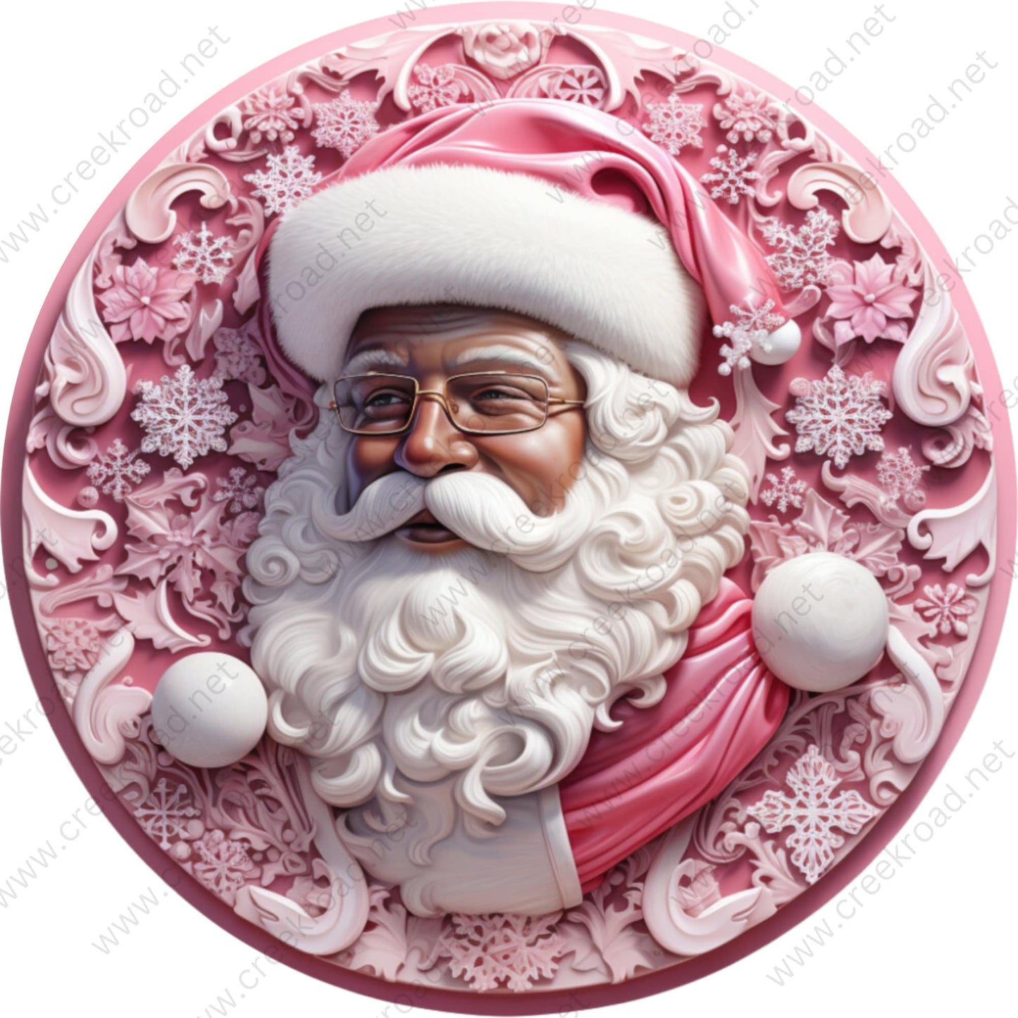 Pink Christmas African American Santa Claus Wreath Sign-Sublimation-Round-Chistmas-Winter-Decor