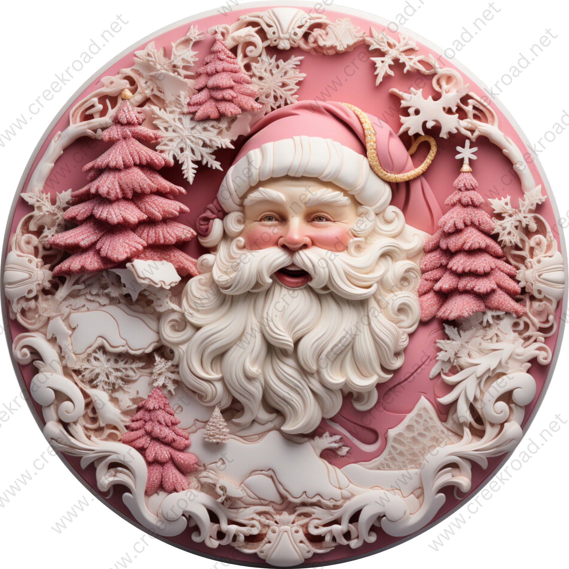 Pink Christmas Santa Claus Trees Wreath Sign-Sublimation-Round-Chistmas-Winter-Decor