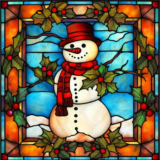 Winter Snowman Teal Orange Faux Stained Glass Wreath Sign-10"x10" Square-Sublimation-Christmas-Decor