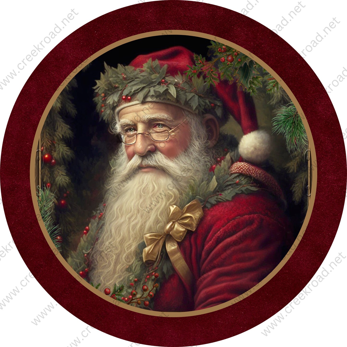 Vintage Santa Claus Faux Red Velvet Border Wreath Sign-Holiday-Sublimation-Attachment-Decor