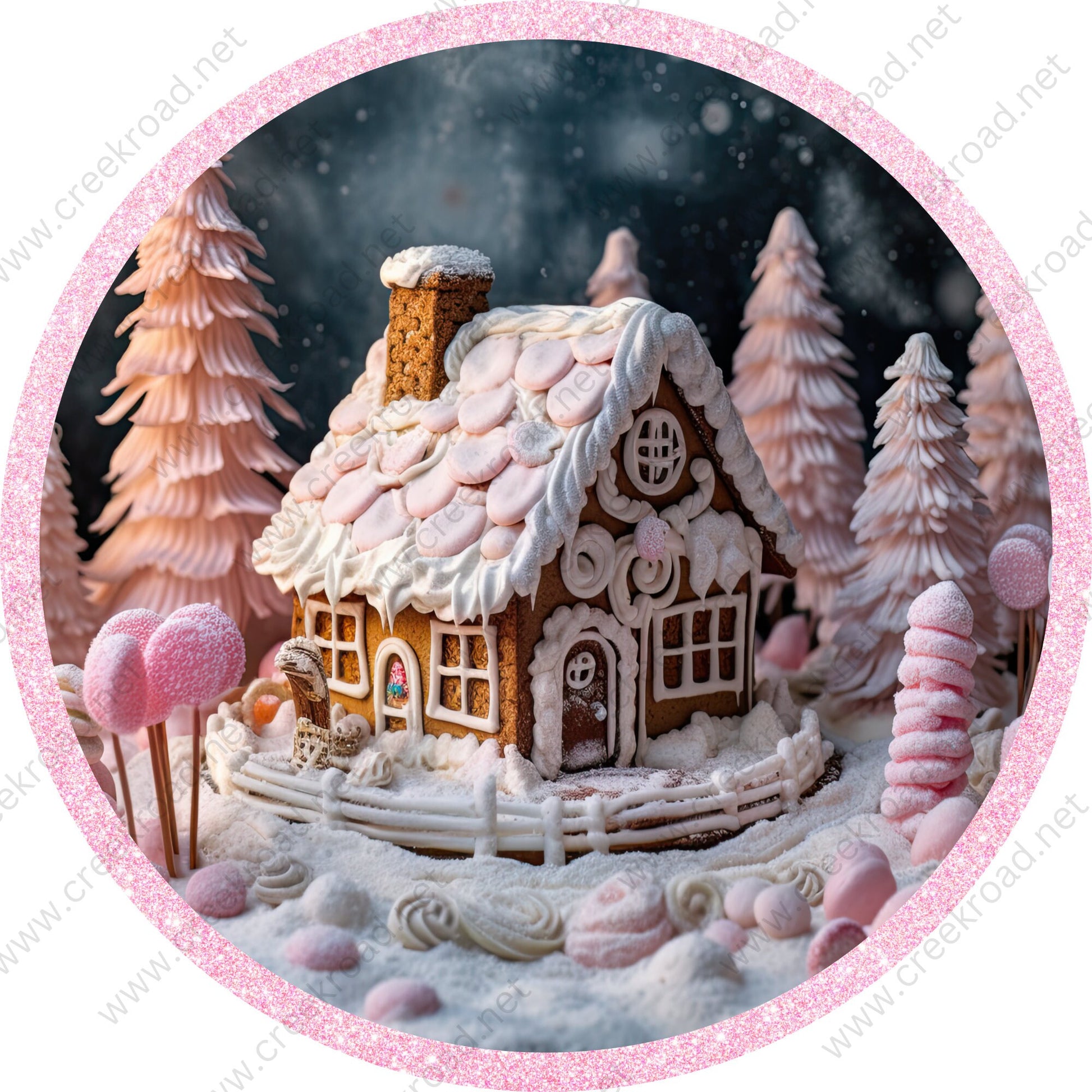 Pink White Gingerbread House Wreath Sign-CHOOSE YOUR BORDER-Sublimation-Round-Christmas-Decor