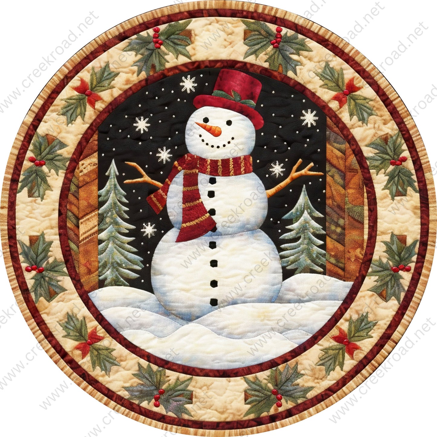 Christmas Snowman Holly Border Faux Quilted Appearance Wreath Sign-Holiday-Sublimation-Attachment-Decor