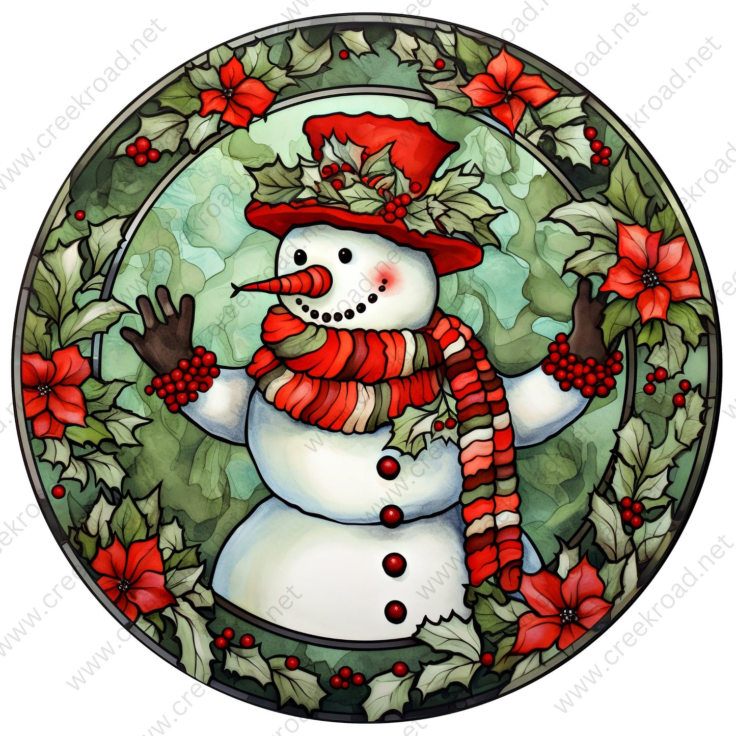 Christmas Snowman Red Scarf Poinsettia Border Faux Quilted Appearance Wreath Sign-Holiday-Sublimation-Attachment-Decor