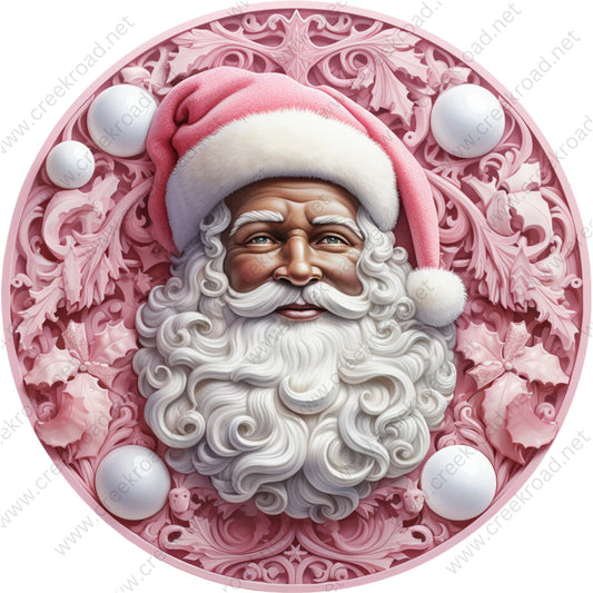 Pink Christmas African American Santa Claus White Ornaments Wreath Sign-Sublimation-Round-Chistmas-Winter-Decor