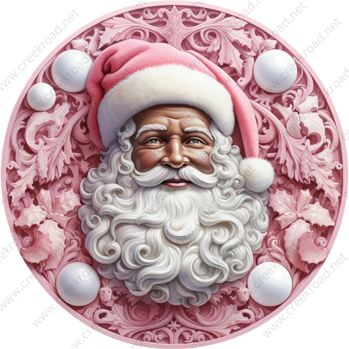 Pink Christmas African American Santa Claus White Ornaments Wreath Sign-Sublimation-Round-Chistmas-Winter-Decor