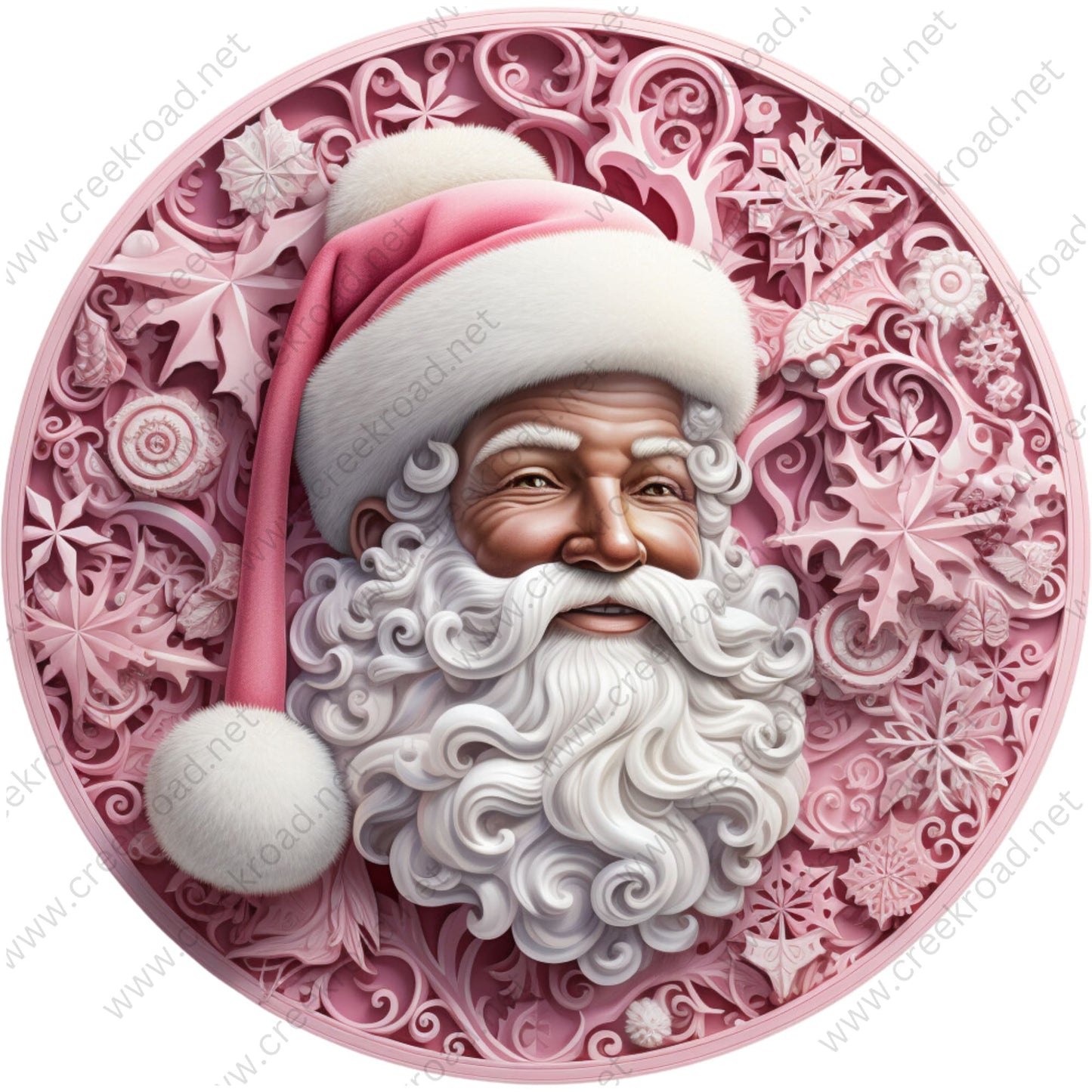 Pink Christmas African American Santa Claus Detailed Background Wreath Sign-Sublimation-Round-Chistmas-Winter-Decor