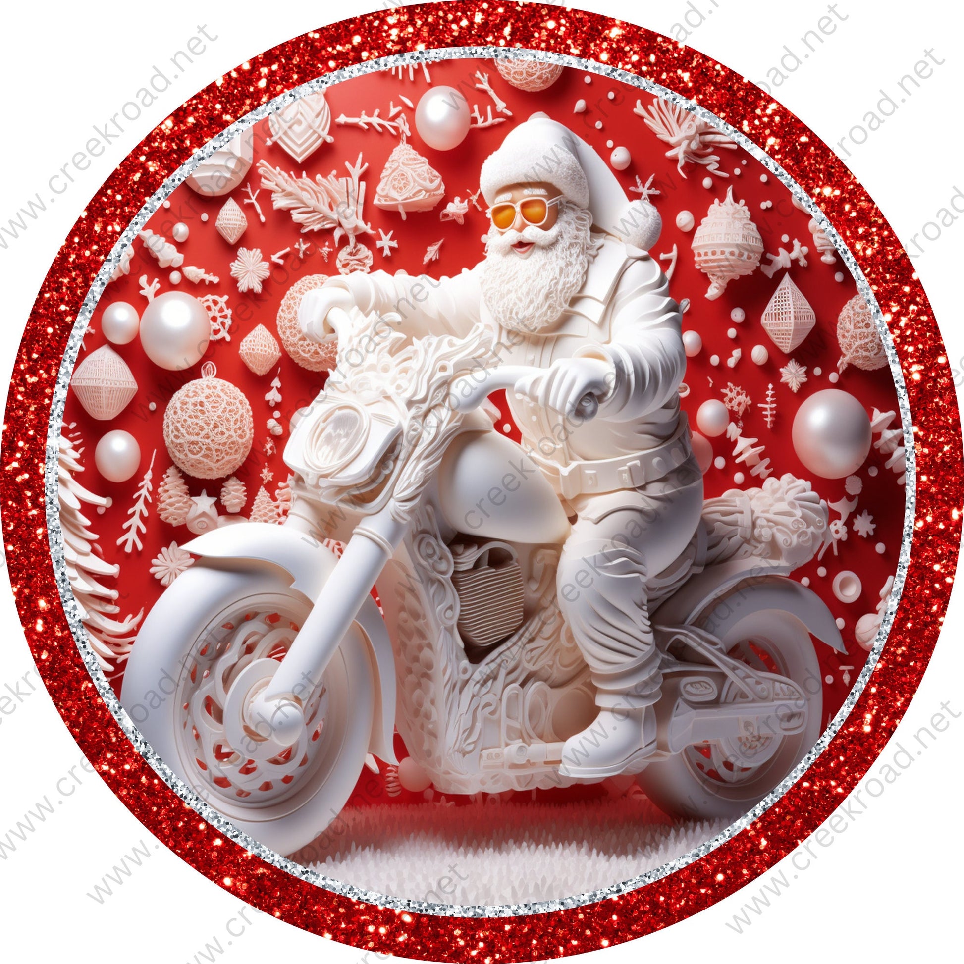 Holiday Santa Claus On Motorcycle Red Silver Glitter Border Wreath Sign-Sublimation-Round-Chistmas-Winter-Decor