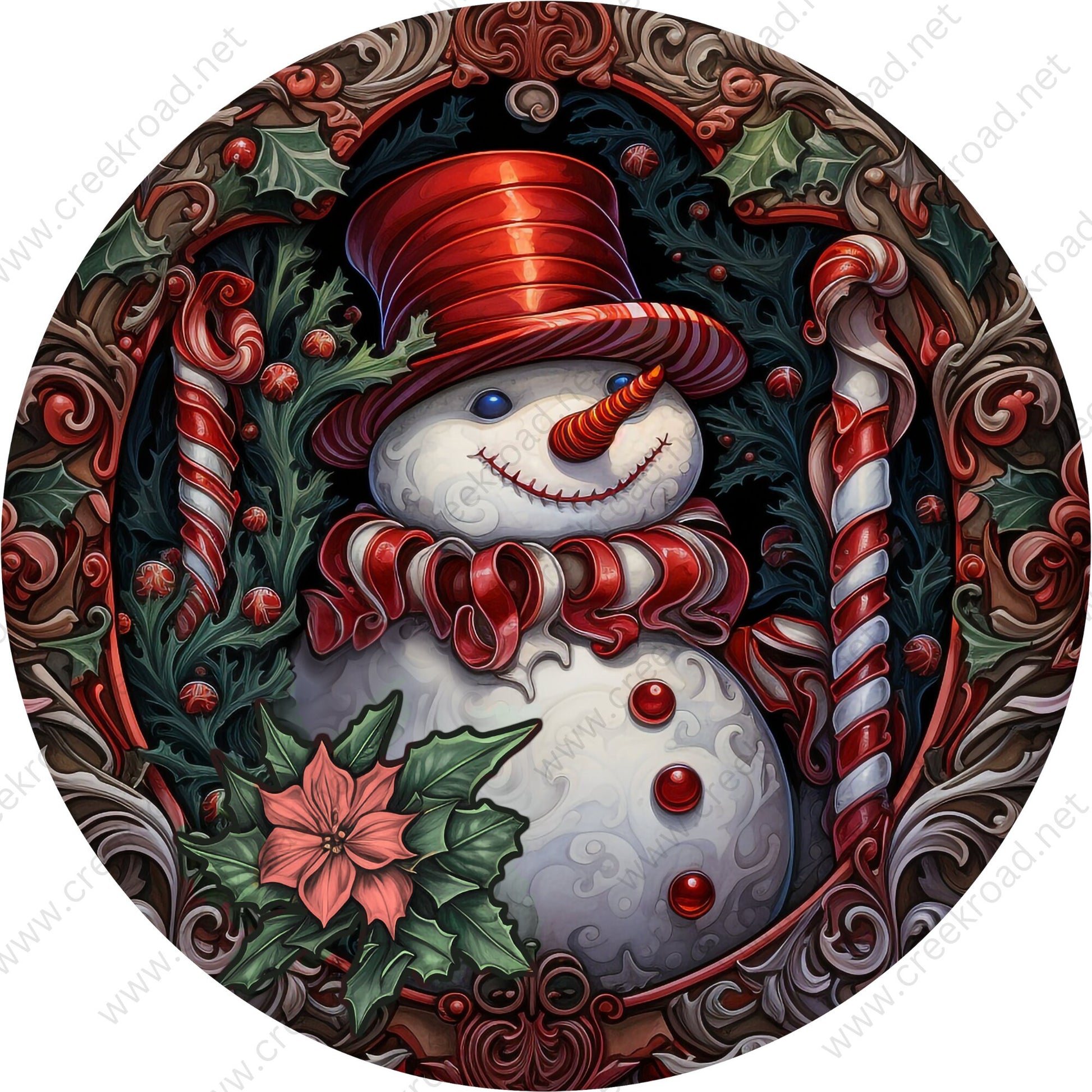 Candy Cane Snowman With Poinsettia Wreath Sign-Sublimation-Round-Chistmas-Winter-Decor