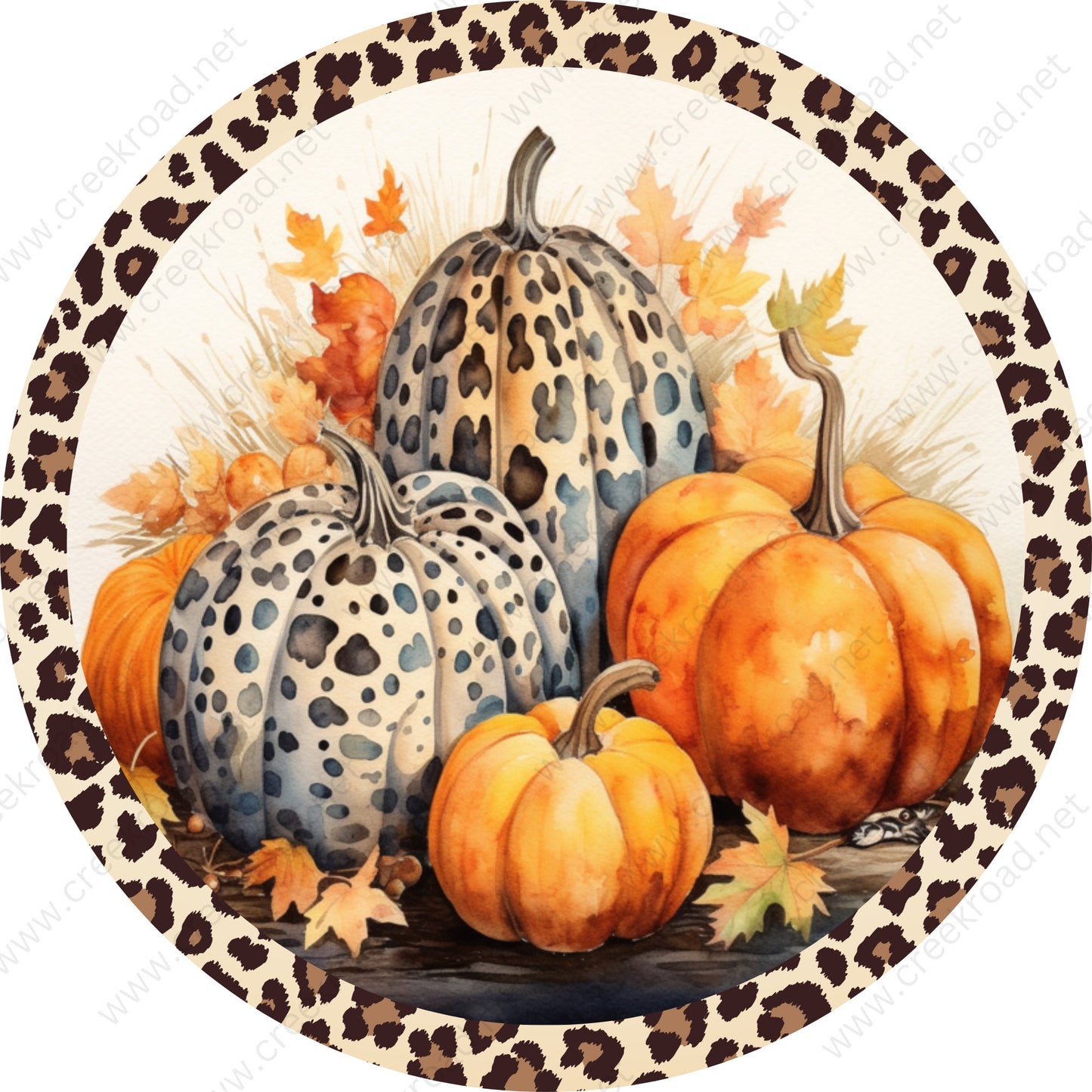 Orange Pumpkins Leopard Print Border Wreath Sign-Choose your Border-Sublimation-Round-Fall-Decor