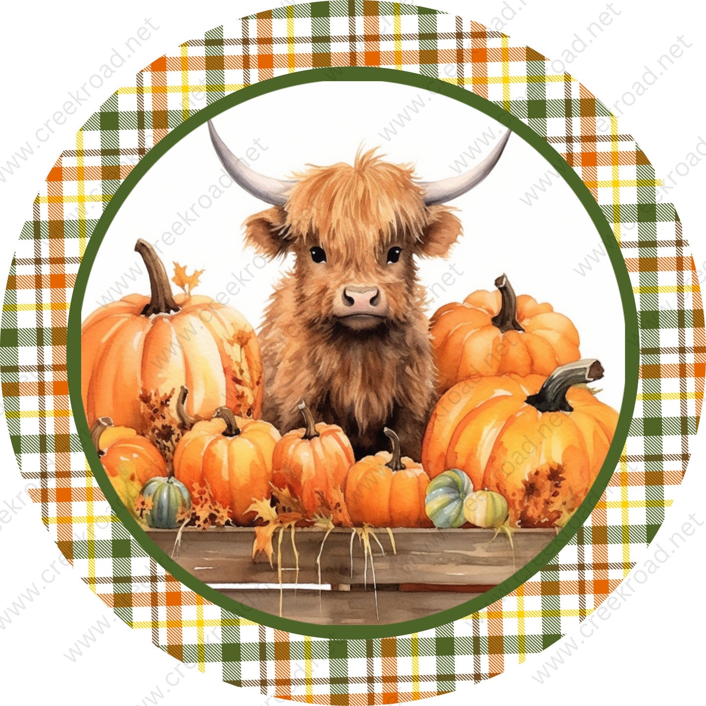 Fall Highland Cow in Pumpkin patch Orange Green Plaid Border Wreath Sign-Sublimation-Round-Fall-Decor