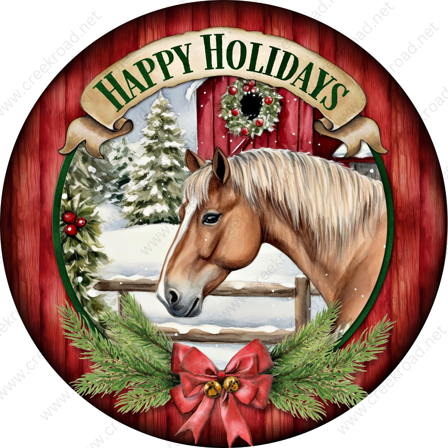 Happy Holidays Winter Horse Holly Red Bow Barn Wreath Sign-Holiday-Sublimation-Attachment-Decor