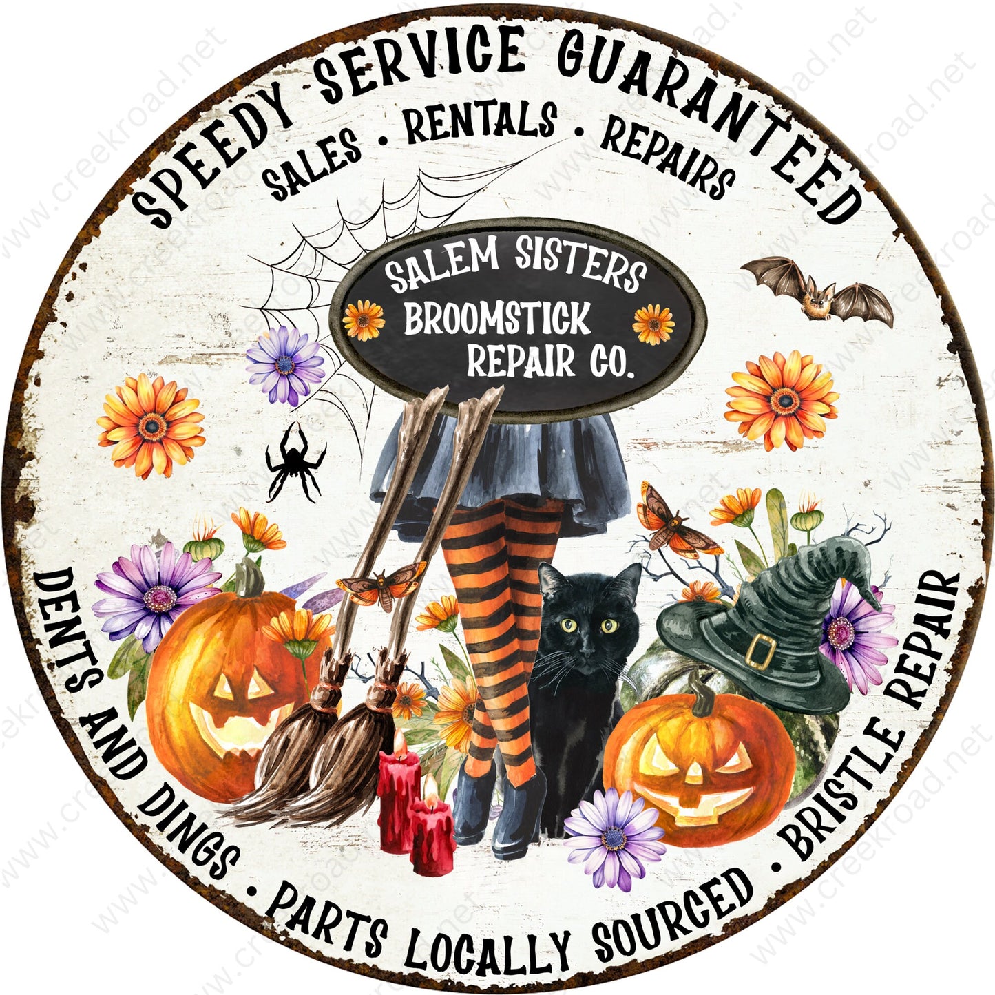 Salem Sister's Broomstick Repair Vintage with Faux Rusted Border Wreath Sign-Halloween-Sublimation-Decor-Creek Road Designs