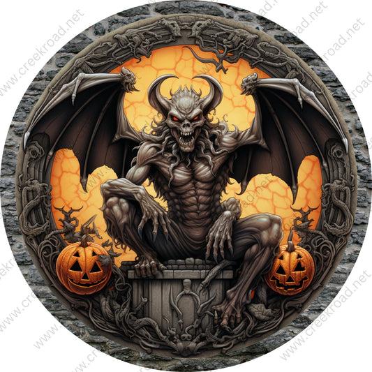 Evil Gargoyle with Pumpkins Wreath Sign-Halloween-Sublimation-Decor-Creek Road Designs