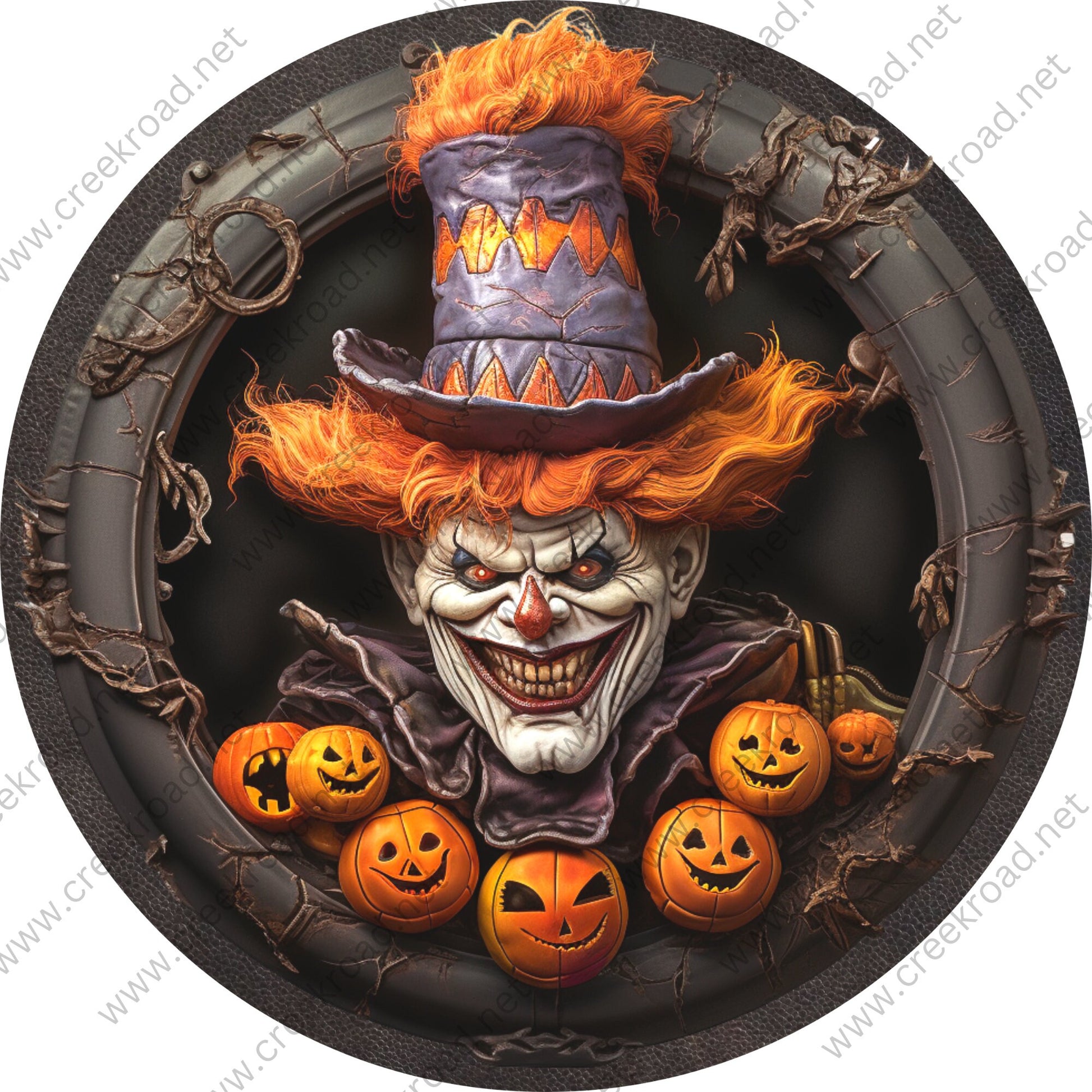 Spooky Clown Orange Hair Wreath Sign-Halloween-Sublimation-Decor-Creek Road Designs