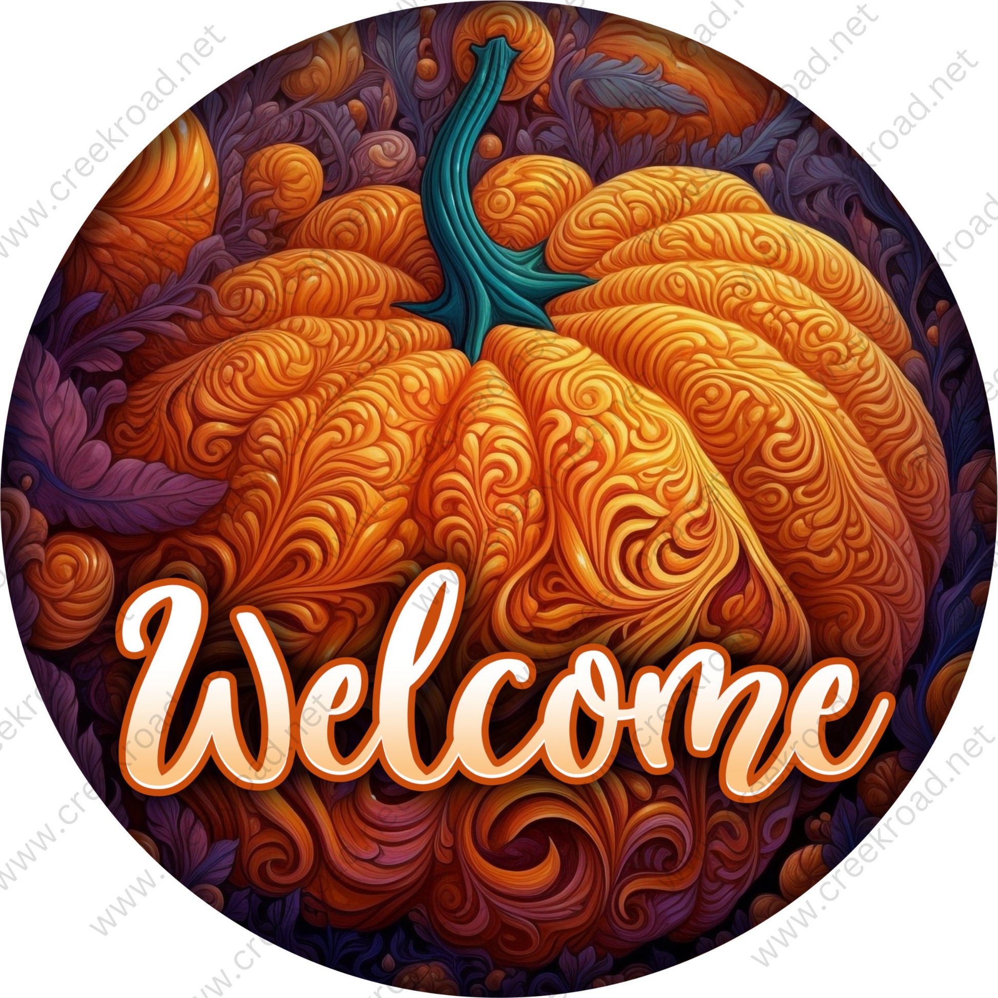 Welcome Ornate Fall Pumpkin Wreath Sign-Sublimation-Round-Fall-Decor