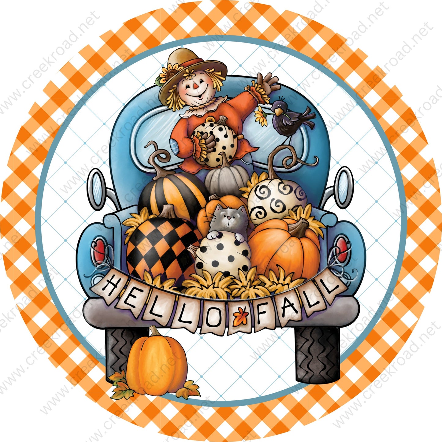 Hello Fall Scarecrow in Blue Truck with Pumpkins Orange White Checkered Border Wreath Sign-Sublimation-Round-Fall-Decor