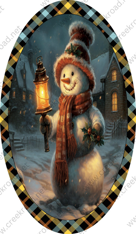 Christmas Snowman With Lantern Wreath Sign 7"x12" Oval-CHOOSE YOUR BORDER-Holiday-Sublimation-Attachment-Decor