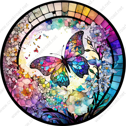 Colorful Spring Rainbow Butterfly Faux Stained Glass Wreath Sign-Sublimation-Round-Spring-Summer-Decor