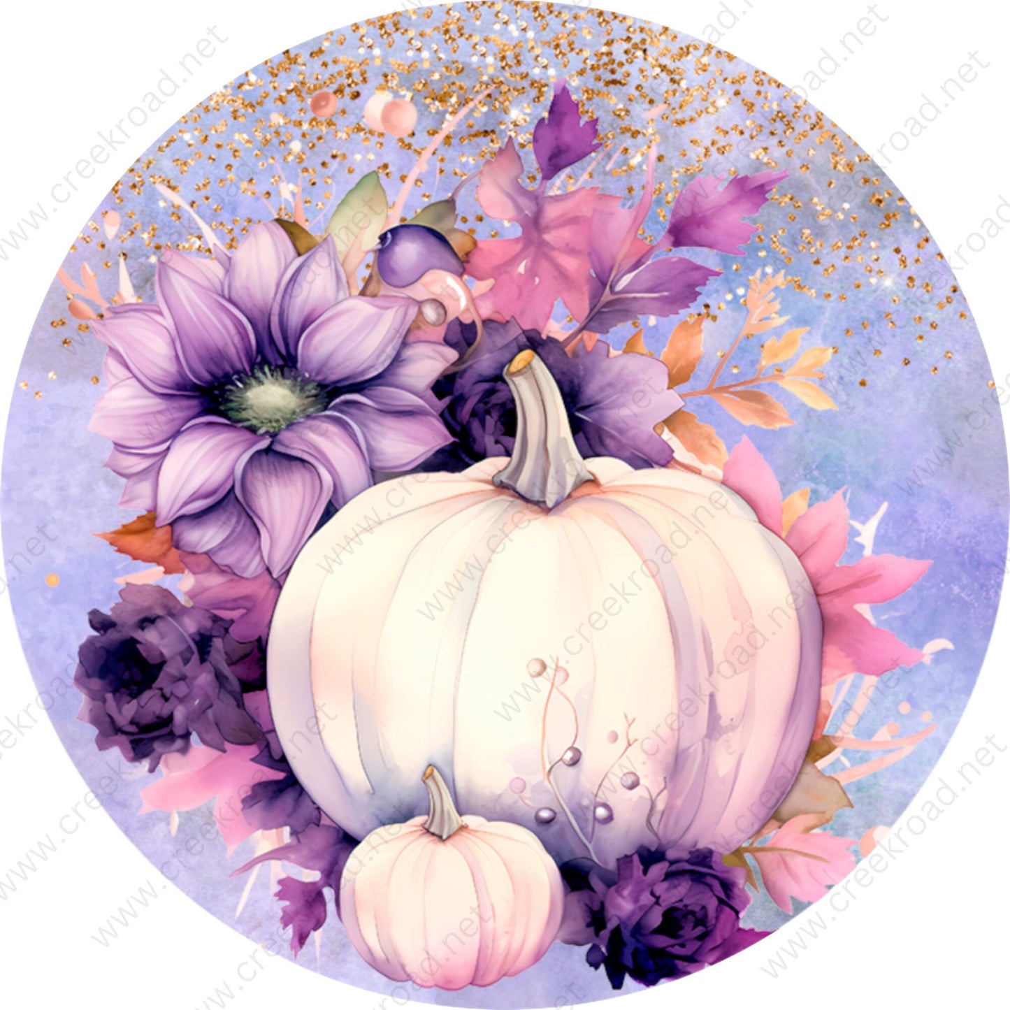 White Pumpkins Purple Florals Wreath Sign-Sublimation-Round-Fall-Autumn-Decor