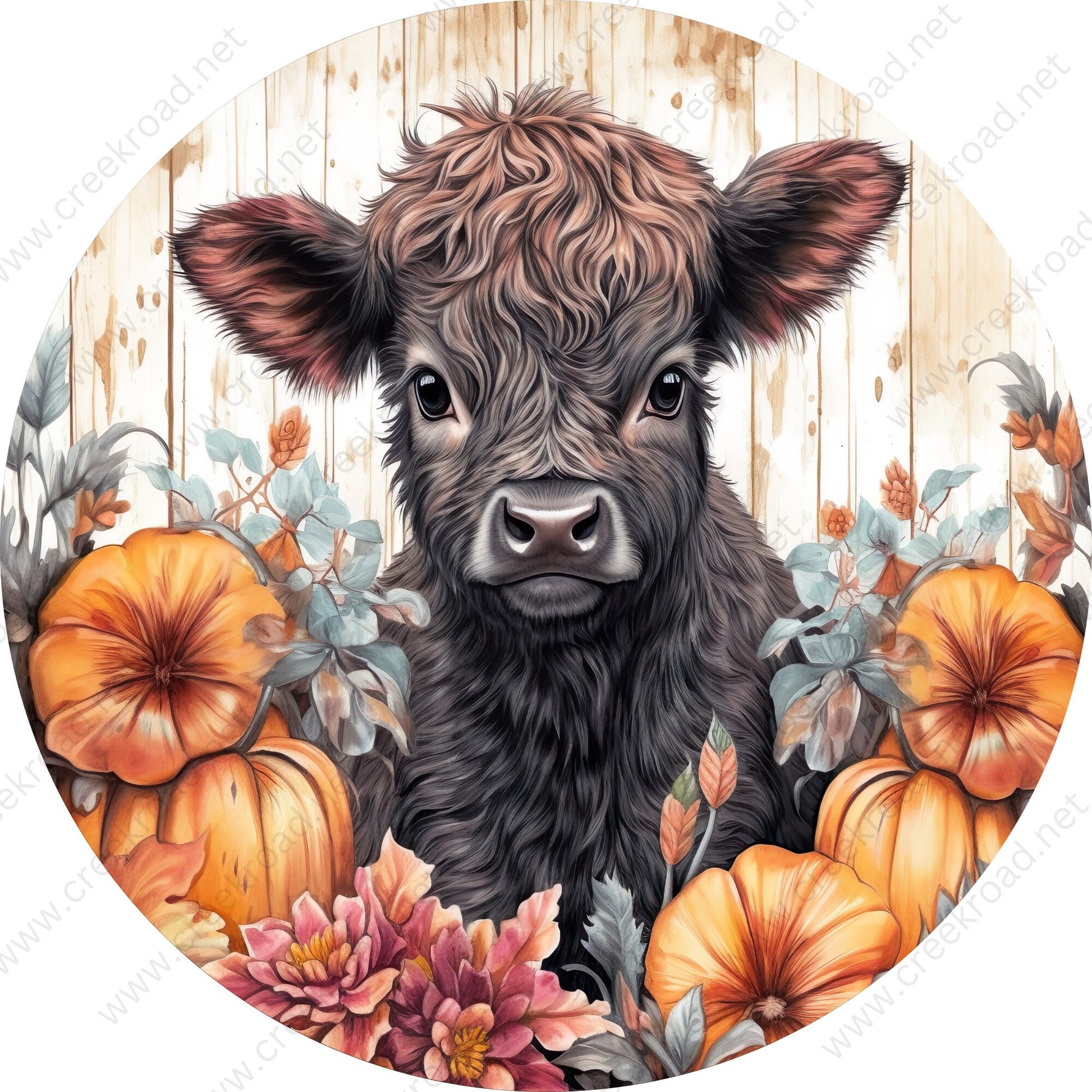 Black Baby Calf in Pumpkin Patch Wreath Sign-Sublimation-Round-Fall-Autumn-Decor