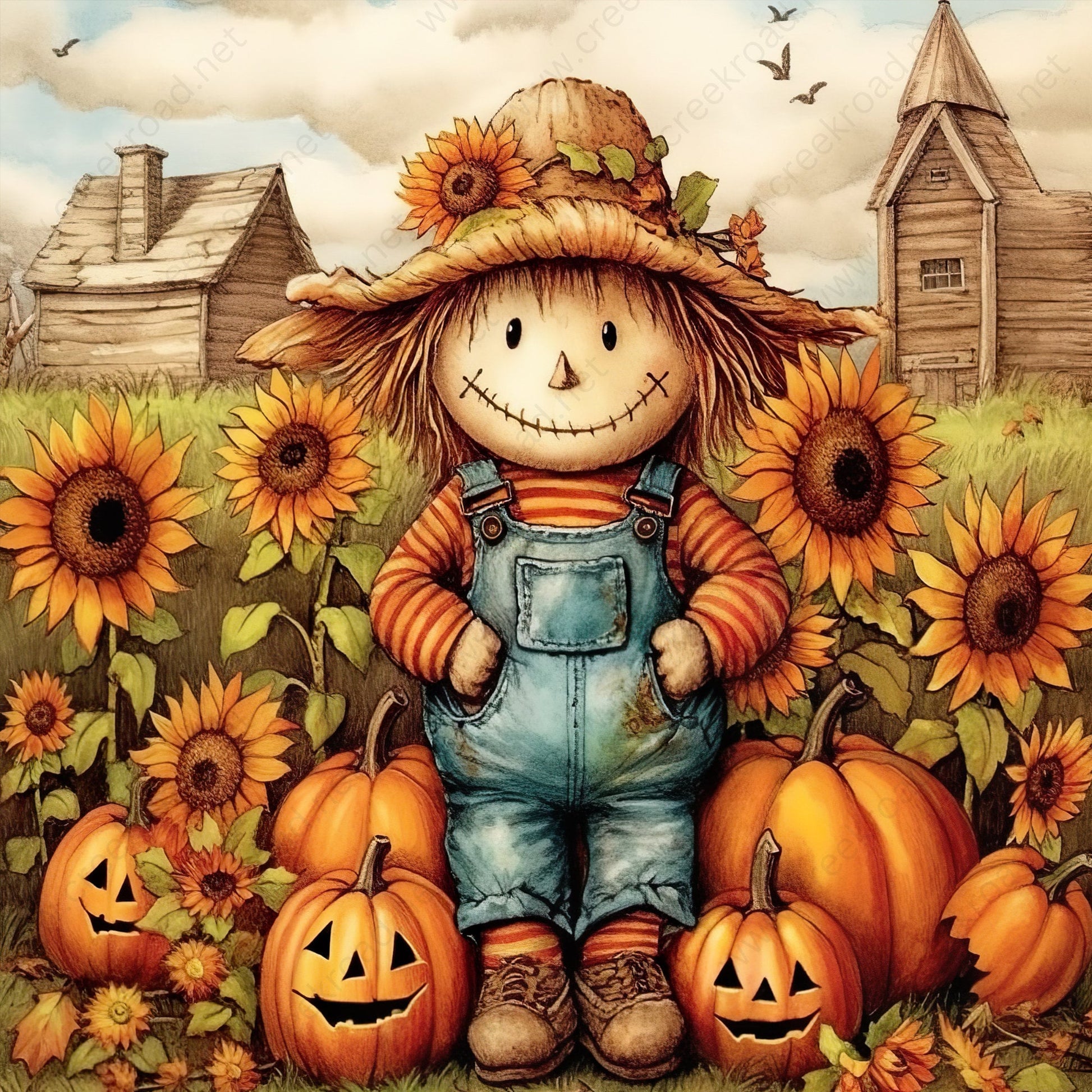 Boy Scarecrow in Sunflowers Pumpkin Patch Wreath Sign 10"x10" Square-Sublimation-Round-Fall-Autumn-Decor