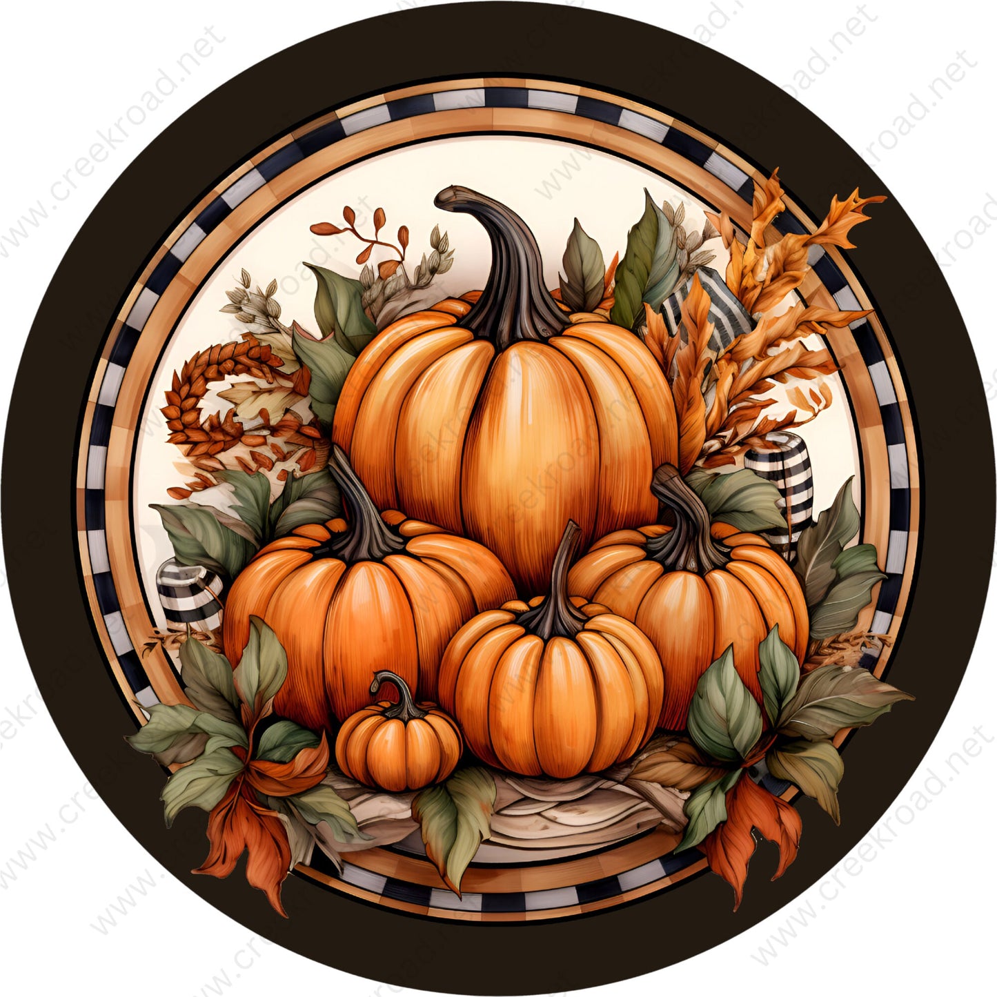 Orange Pumpkin Sage Green Leaves Black Border Wreath Sign-Sublimation-Round-Fall-Autumn-Decor