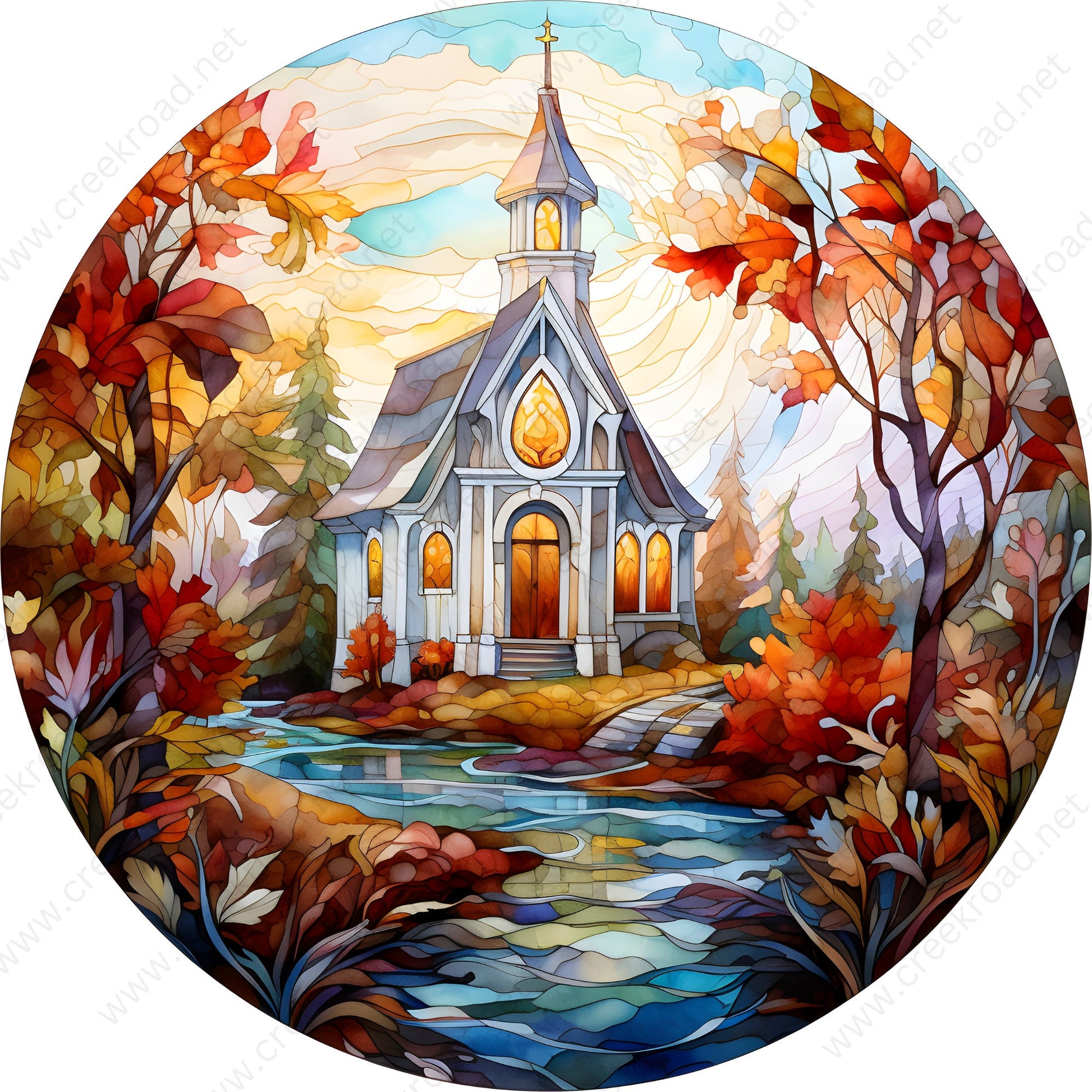 Little White Church Near Fall Stream Wreath Sign-Sublimation-Round-Fall-Autumn-Decor