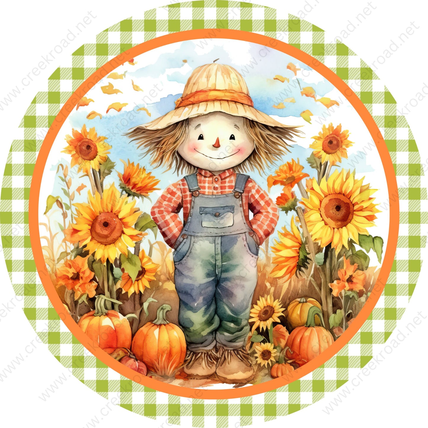 Cute Boy Scarecrow Sunflowers Pumpkins Green White Check Wreath Sign-CHOOSE YOUR BORDER-Sublimation-Round-Fall-Autumn-Decor